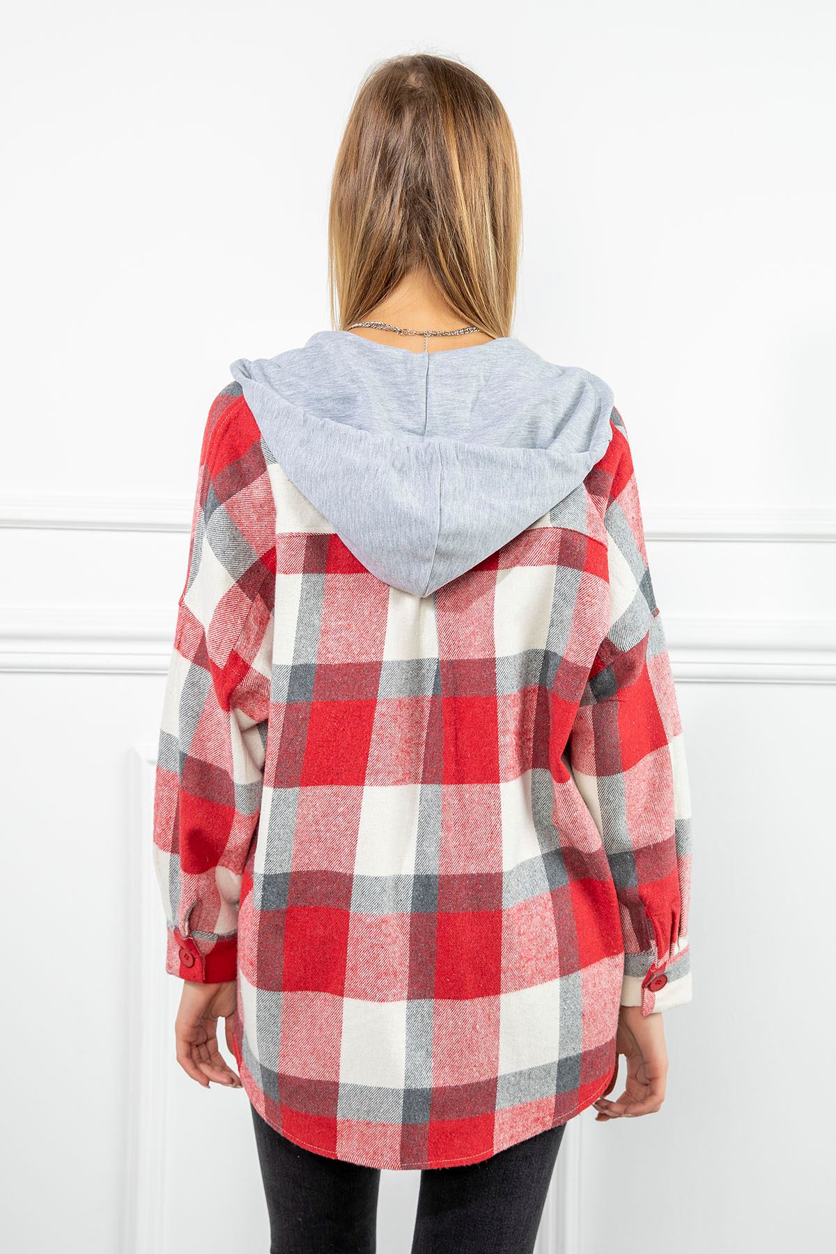 Lumberjack Fabric Long Sleeve Hooded Oversize Women'S Shirt - Red