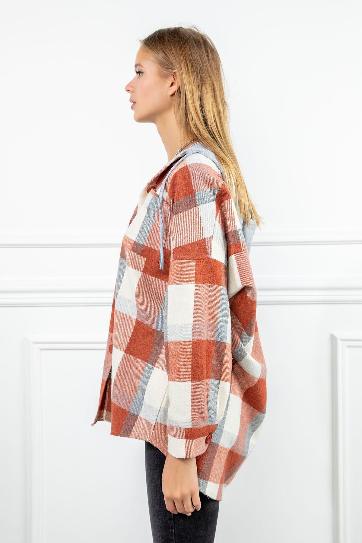 Lumberjack Fabric Long Sleeve Hooded Oversize Women'S Shirt - Brick 
