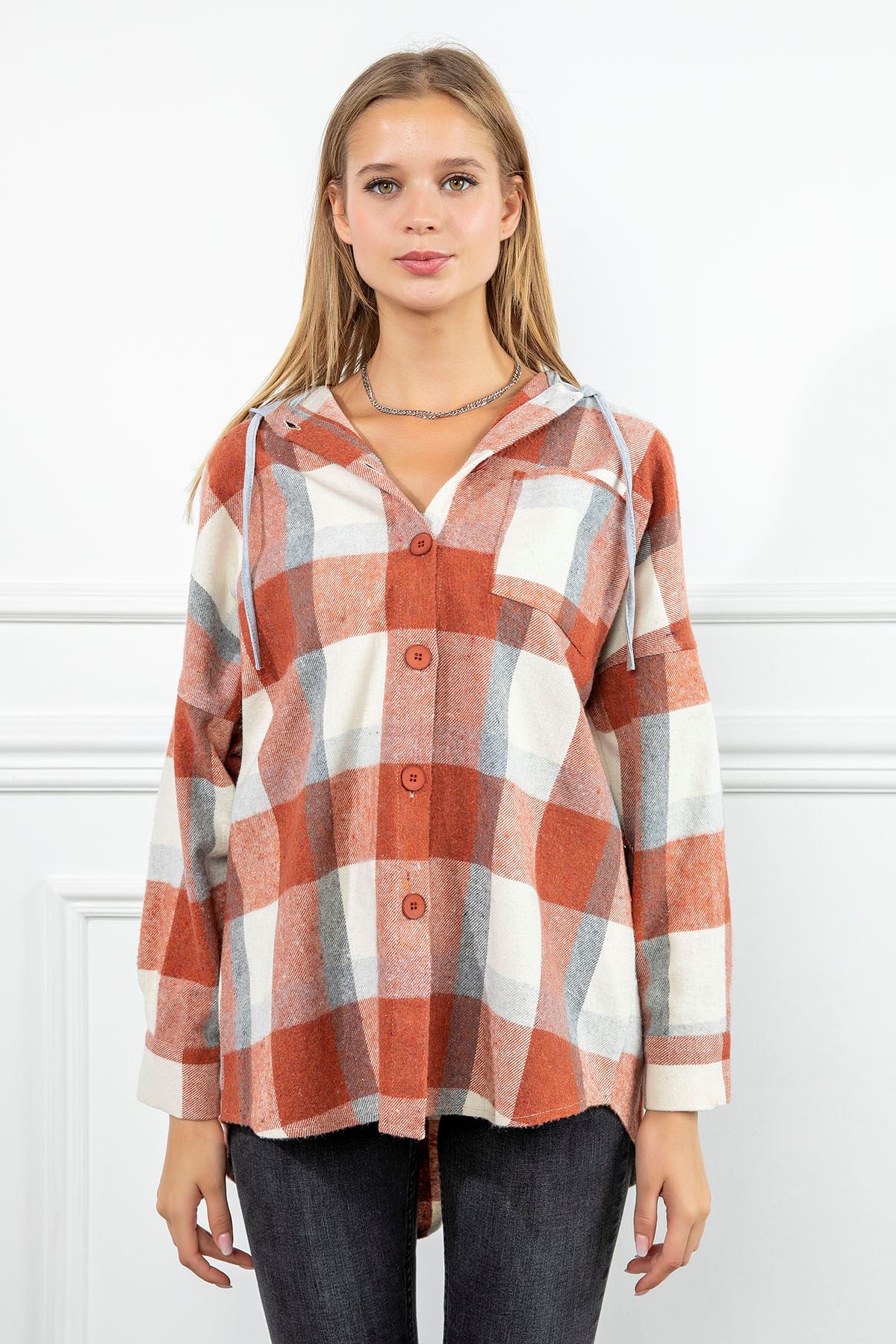 Lumberjack Fabric Long Sleeve Hooded Oversize Women'S Shirt - Brick 
