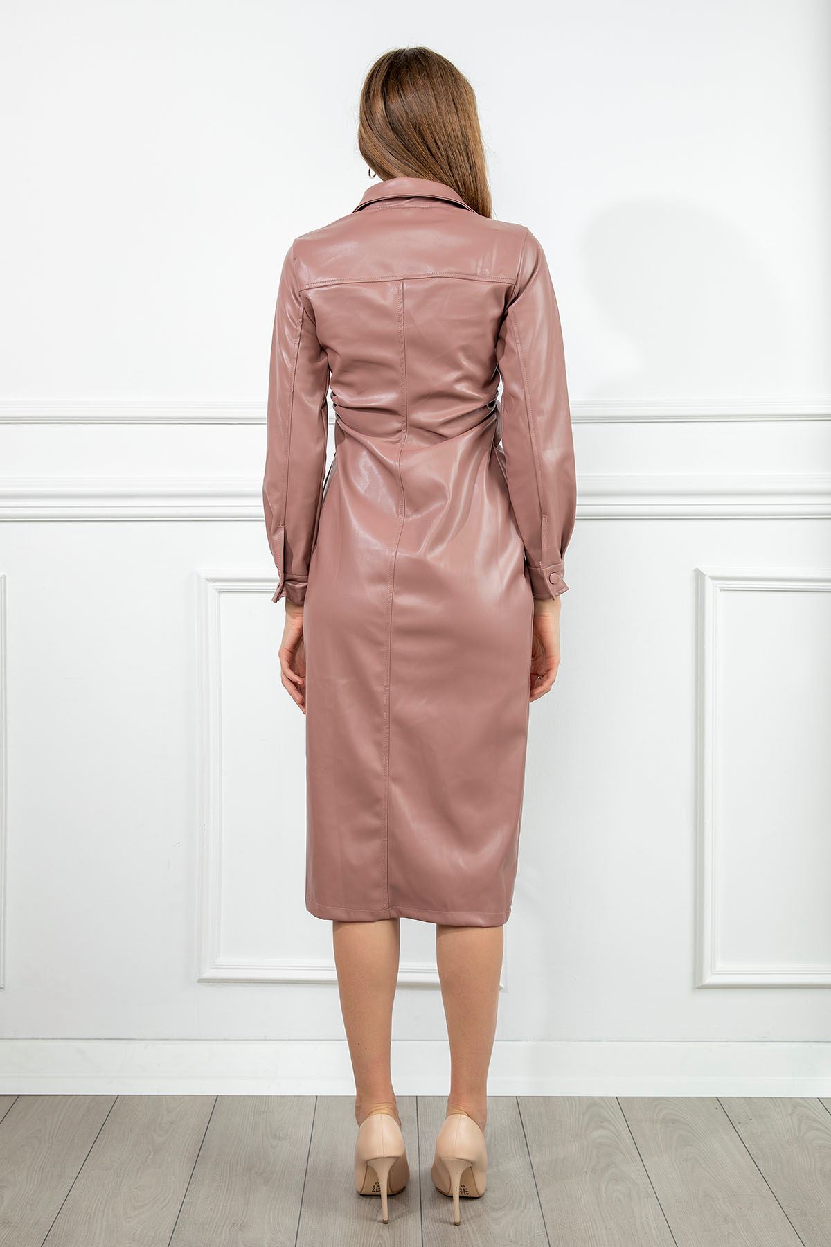 Zara Leather Fabric Long Sleeve Shirt Collar Midi Shirred Women Dress - Light Pink