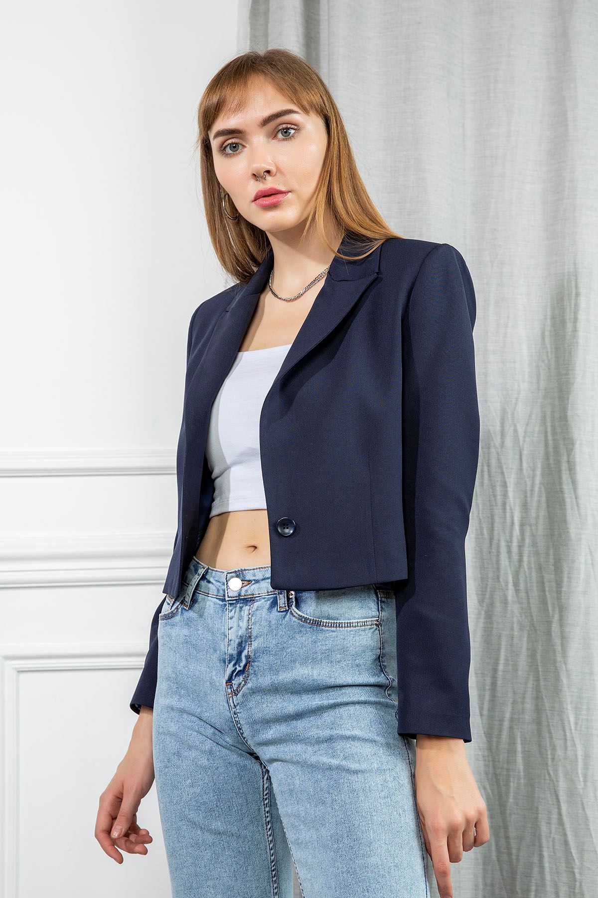Atlas Fabric Long Sleeve Classical Single Button Women Jacket - Navy Blue 
