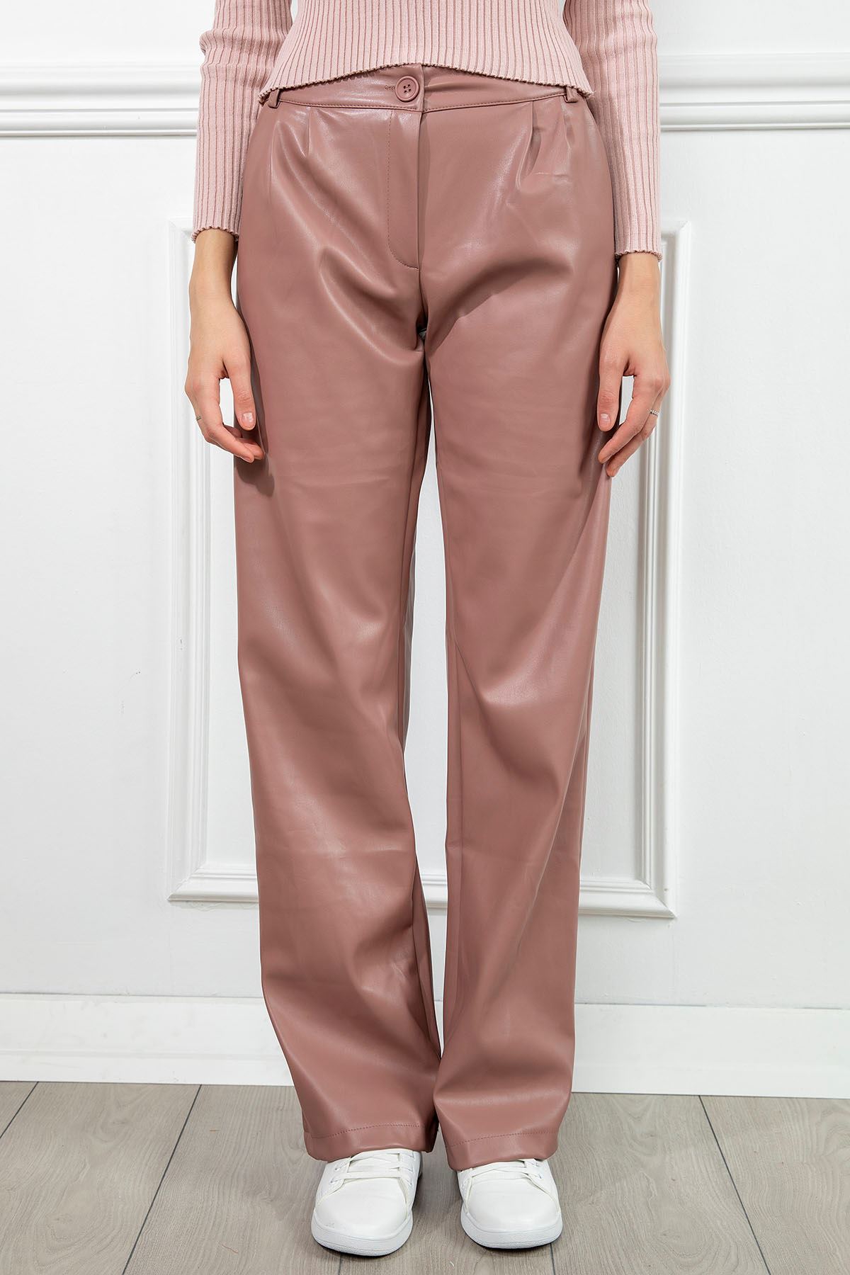 Zara Leather Fabric Long Wide Fit Wide Leg Women'S Trouser - Light Pink