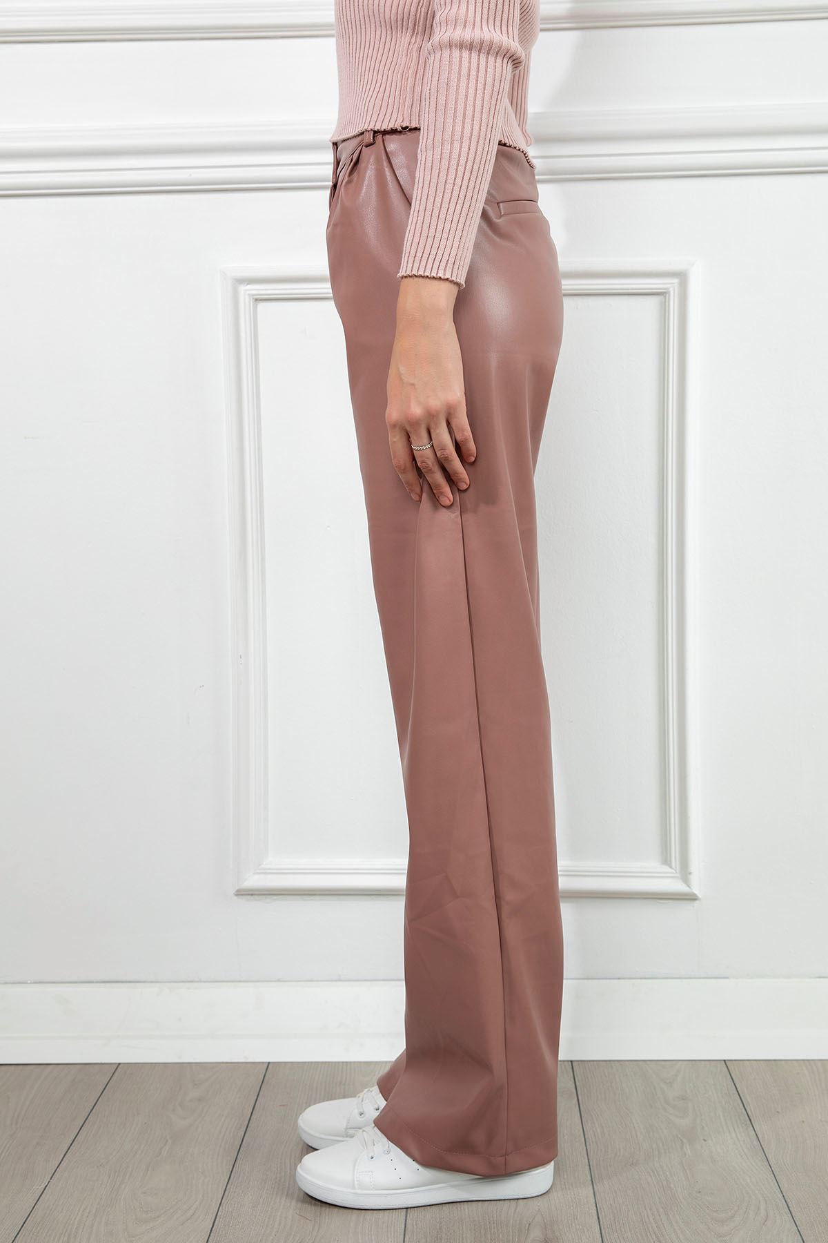 Zara Leather Fabric Long Wide Fit Wide Leg Women'S Trouser - Light Pink