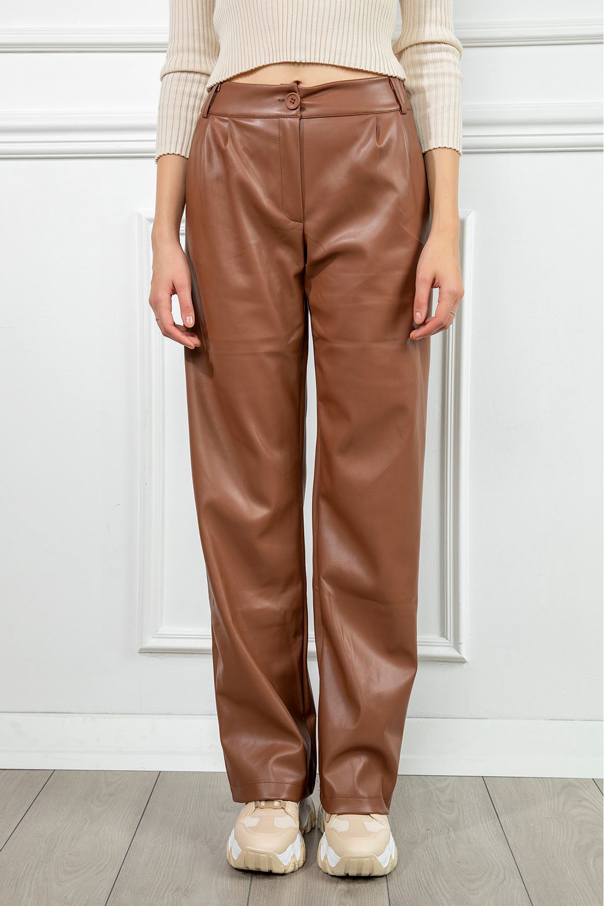 Zara Leather Fabric Long Wide Fit Wide Leg Women'S Trouser - Light Brown