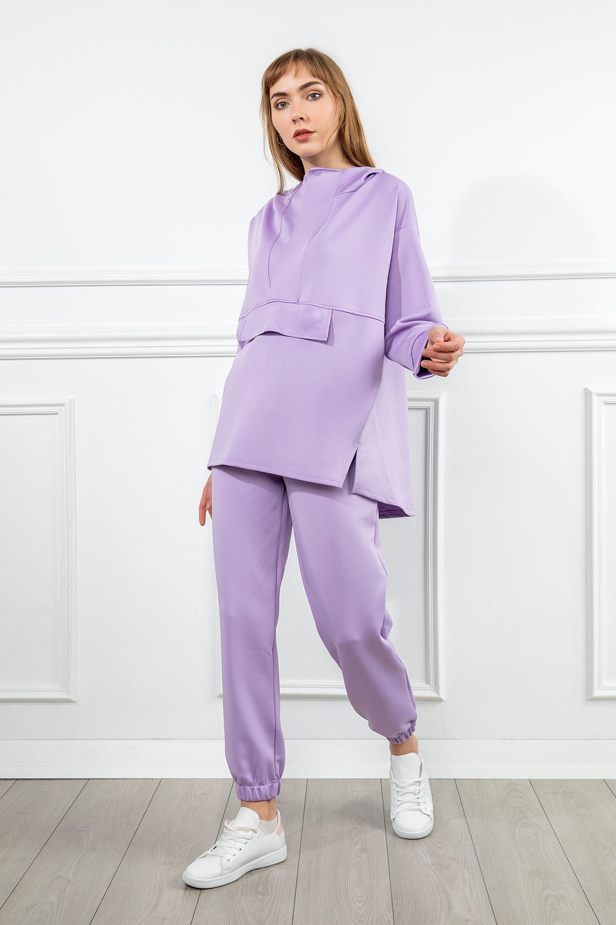 Filis Fabric Long Sleeve Zip Neck Wide Women'S Set - Lilac