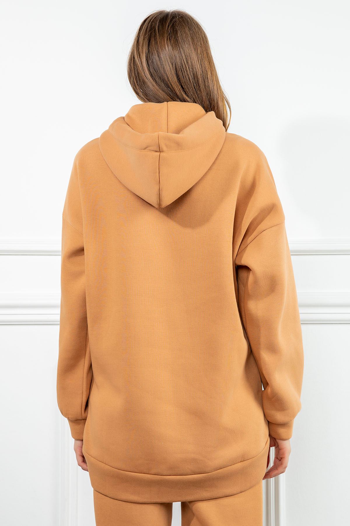 Third Knit Fabric Long Sleeve Hooded Long Oversize Women Sweatshirt - Light Brown