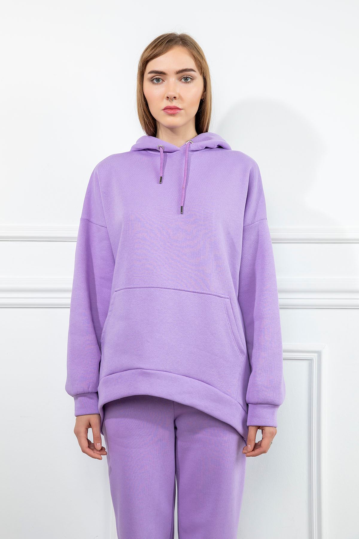 Third Knit Fabric Long Sleeve Hooded Long Oversize Women Sweatshirt - Lilac