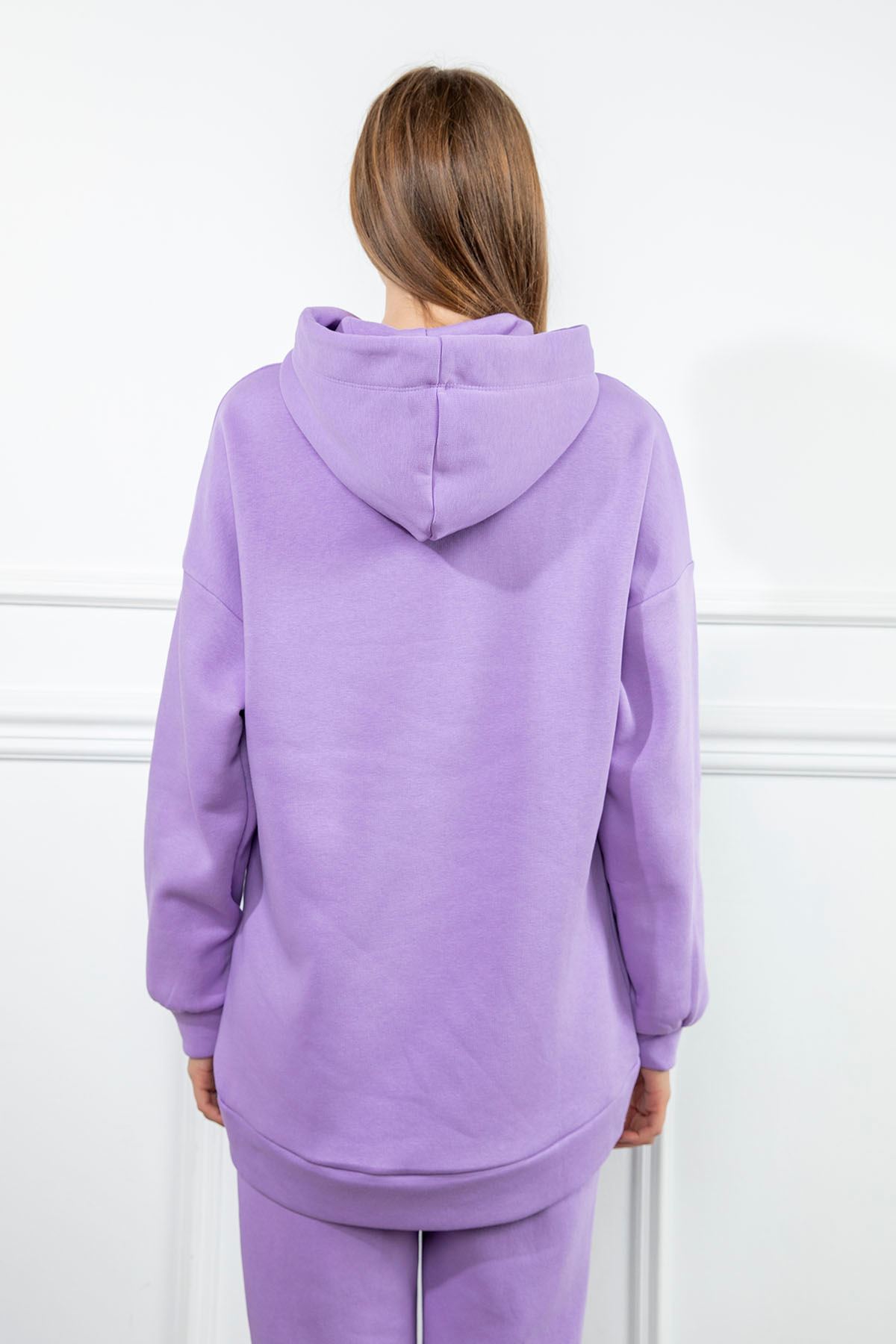 Third Knit Fabric Long Sleeve Hooded Long Oversize Women Sweatshirt - Lilac