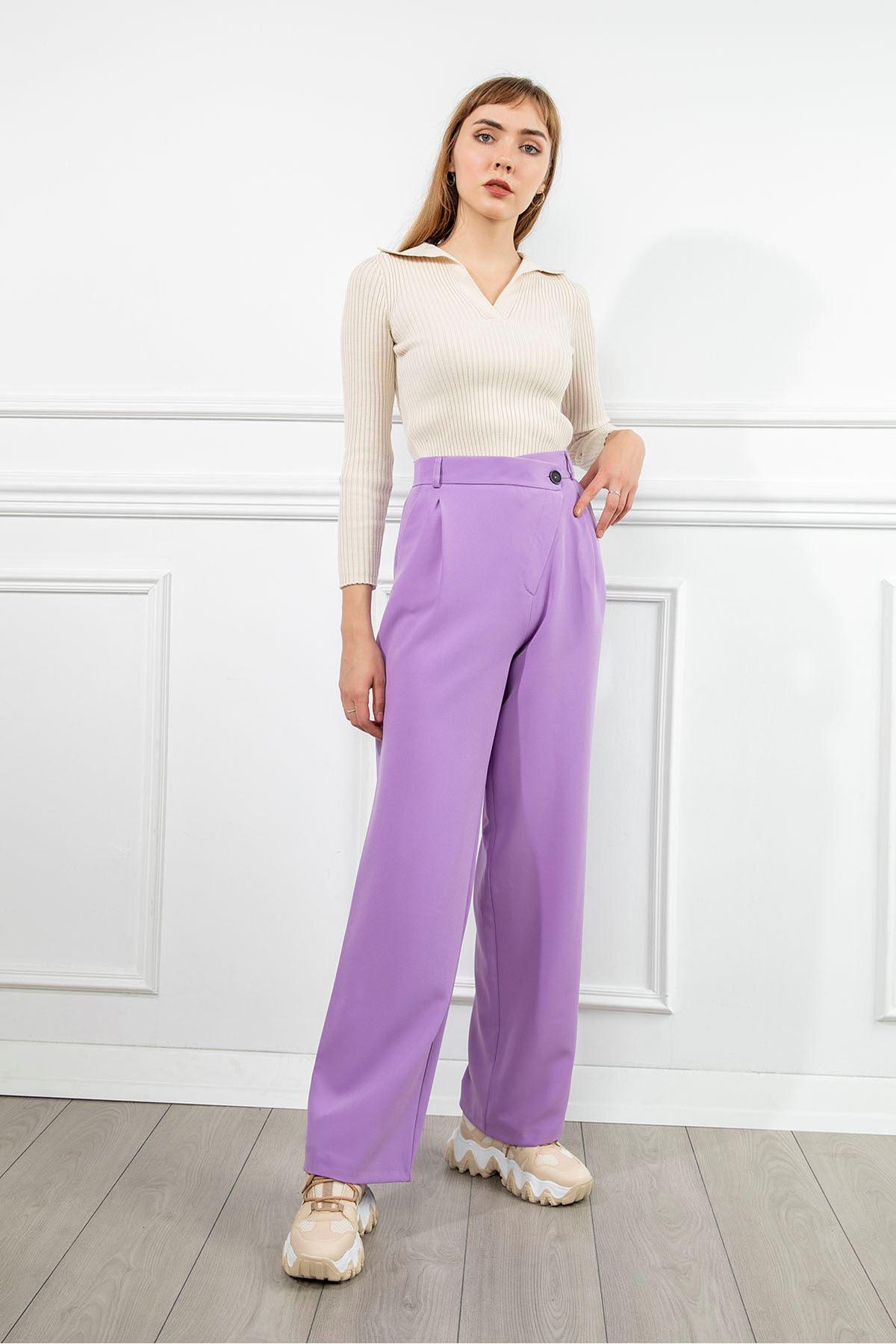 Atlas Fabric Maxi Wide Asymmetric Women'S Trouser - Lilac