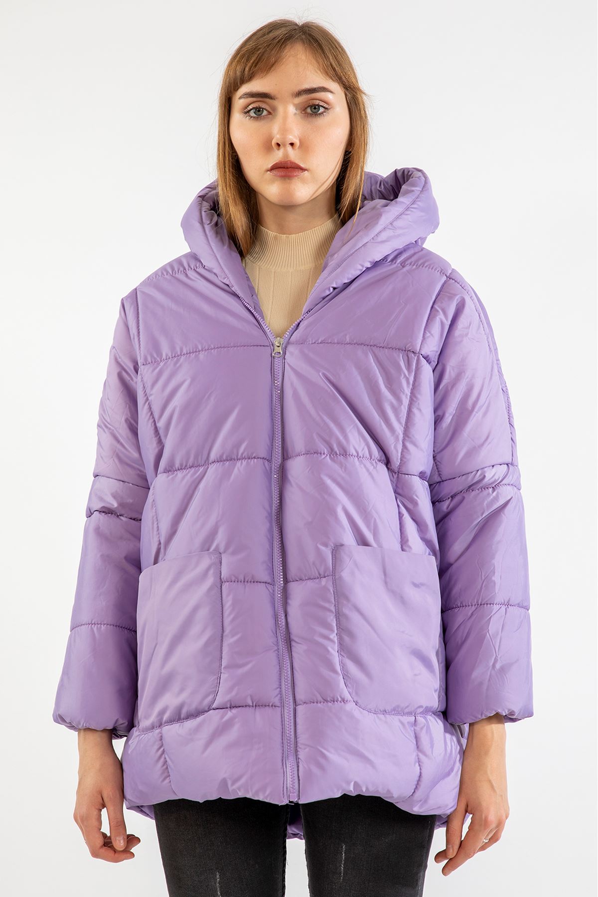 Quilted Fabric Long Sleeve Hooded Short Oversize Women Coat - Lilac