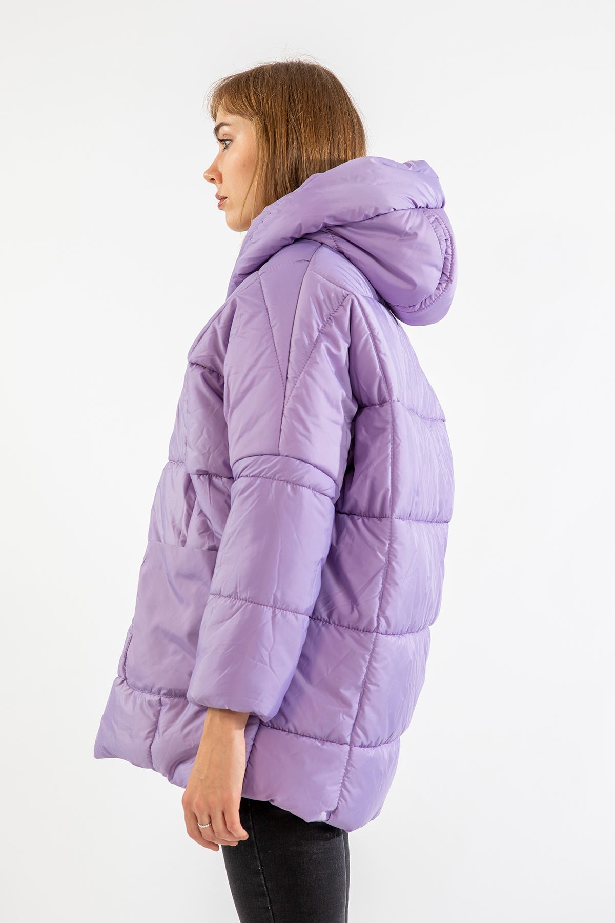 Quilted Fabric Long Sleeve Hooded Short Oversize Women Coat - Lilac