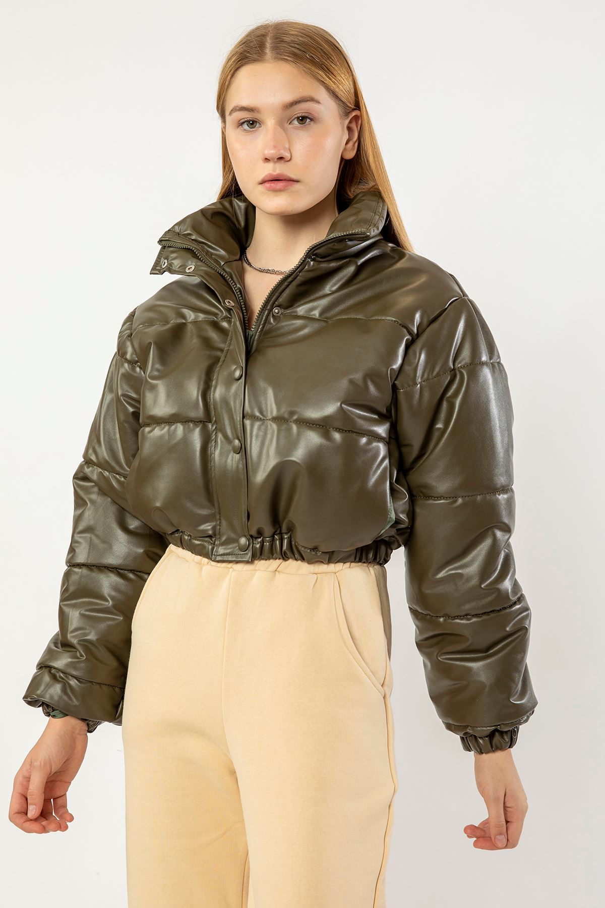 Leather Fabric Long Sleeve Zip Neck Short Oversize Women Coat - Khaki 