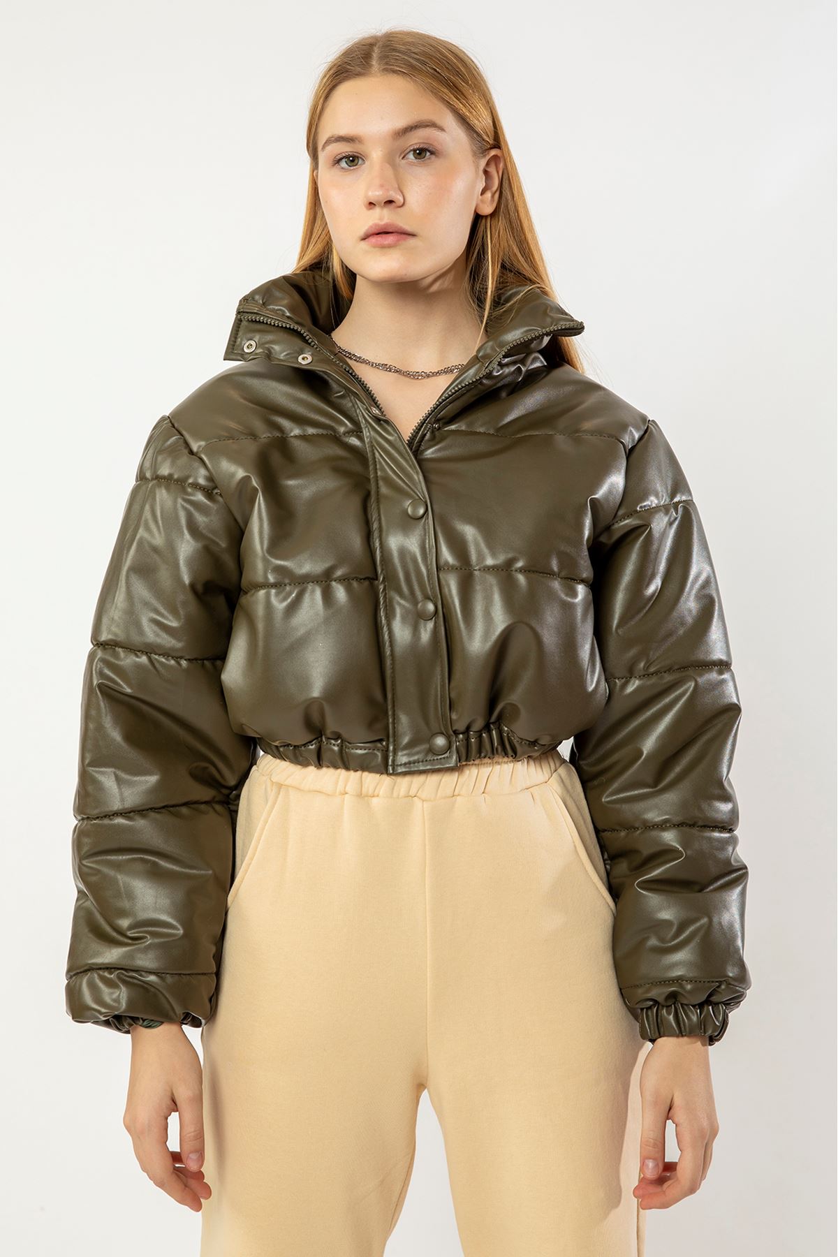 Leather Fabric Long Sleeve Zip Neck Short Oversize Women Coat - Khaki 