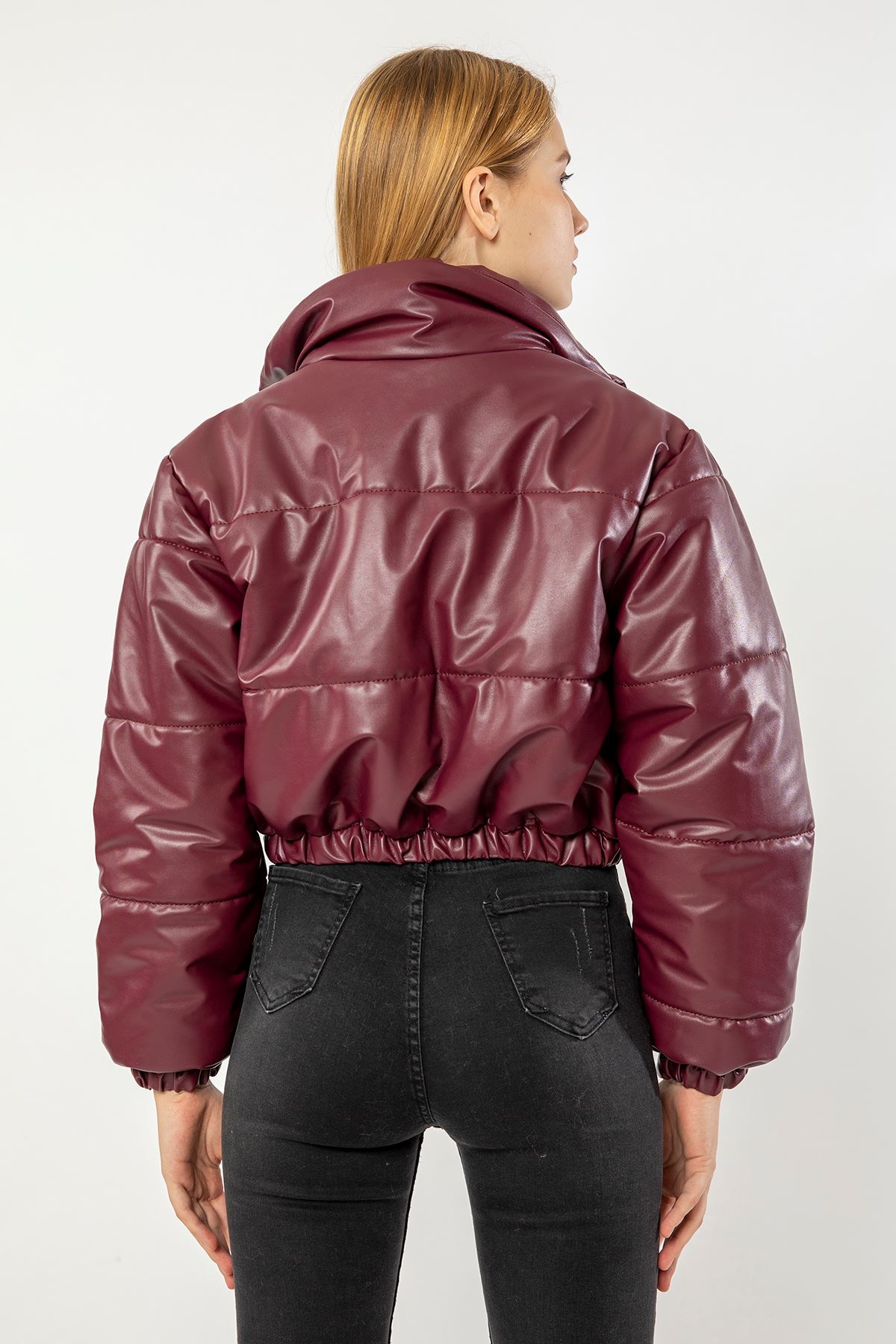 кожа ткань Застежка-молния оверсайз / женская куртка - Бордовый