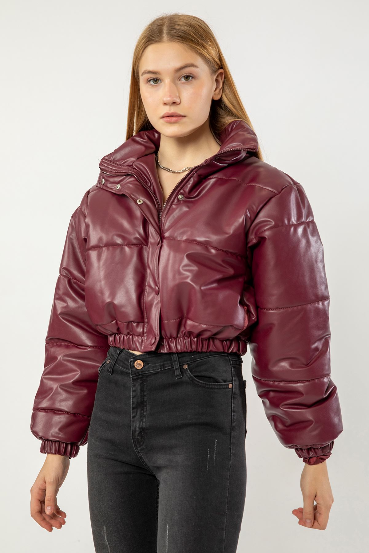 кожа ткань Застежка-молния оверсайз / женская куртка - Бордовый