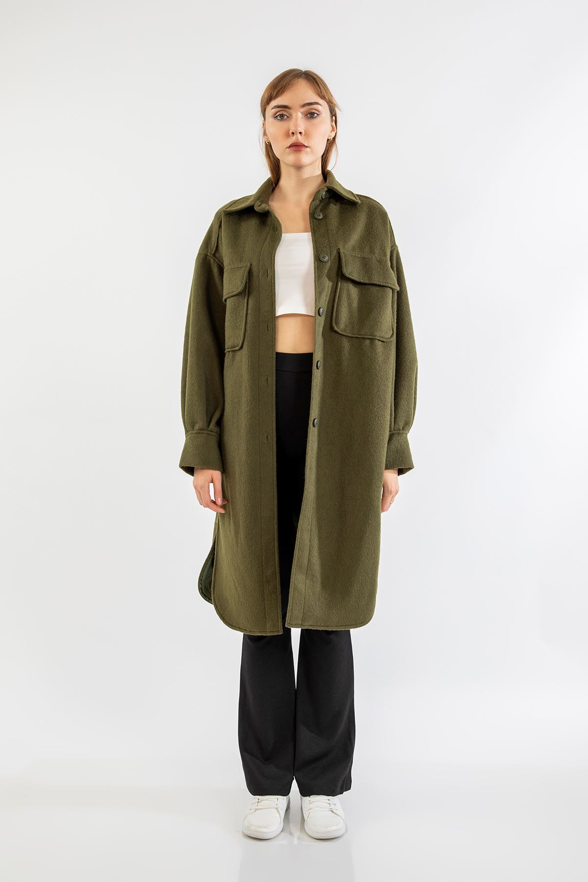 Oduncu Kumaş Gömlek Yaka Oversize/Salaş Kadın Ceket-Haki