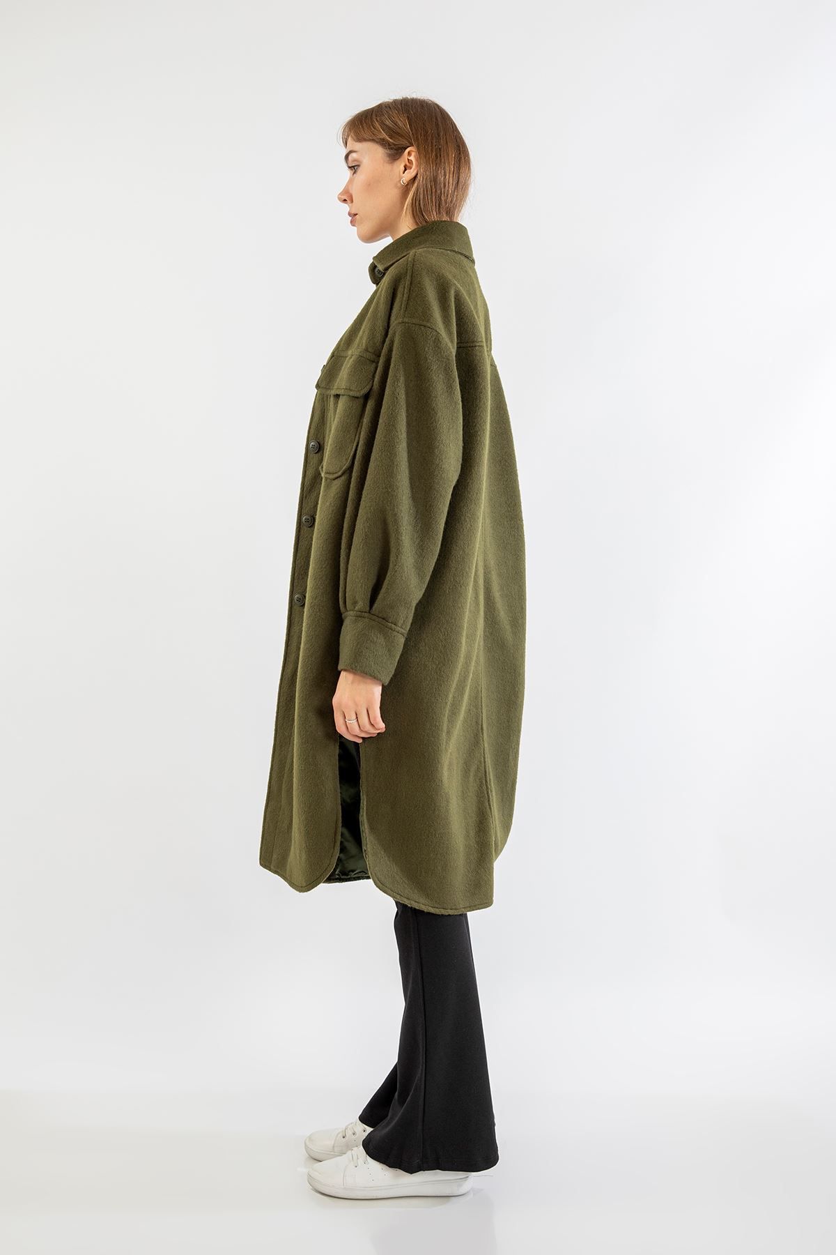 Oduncu Kumaş Gömlek Yaka Oversize/Salaş Kadın Ceket-Haki