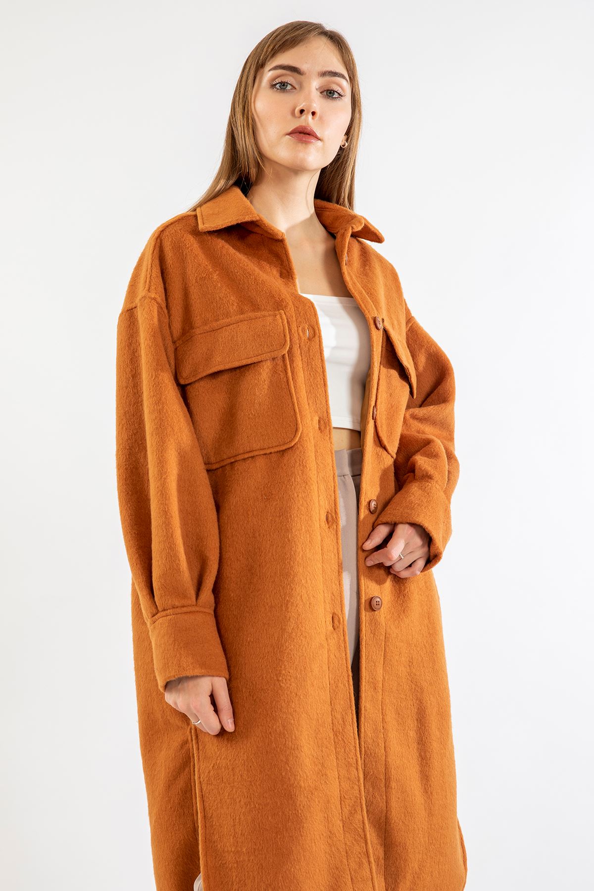 Lumberjack Fabric Long Sleeve Shirt Collar Oversize Women Jacket - Brown