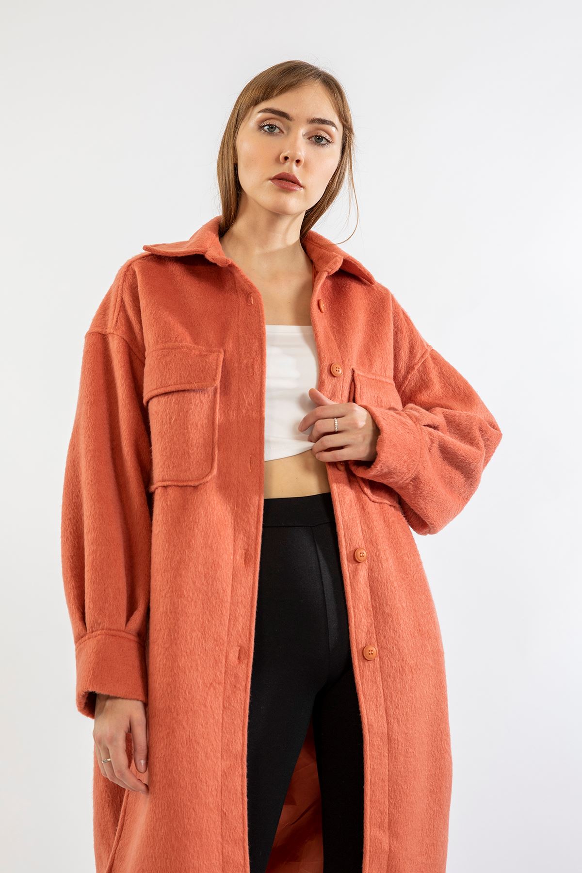 Oduncu Kumaş Gömlek Yaka Oversize/Salaş Kadın Ceket-Mercan
