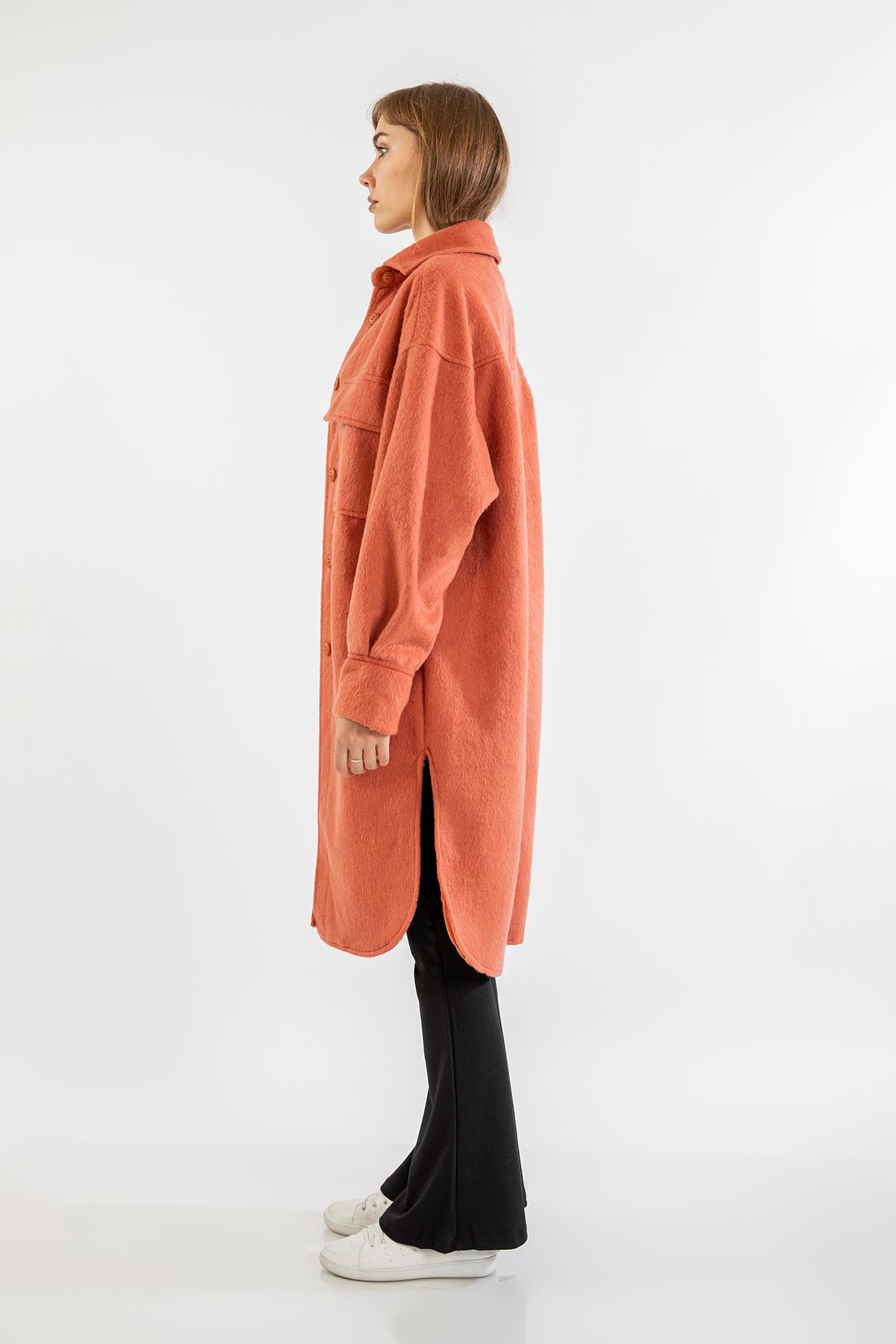 Oduncu Kumaş Gömlek Yaka Oversize/Salaş Kadın Ceket-Mercan