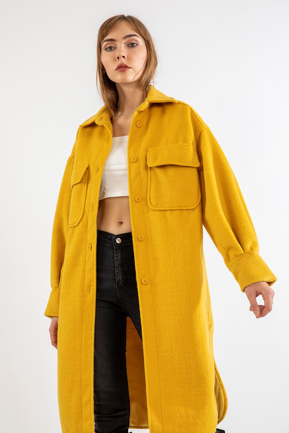 Lumberjack Fabric Long Sleeve Shirt Collar Oversize Women Jacket - Saffron