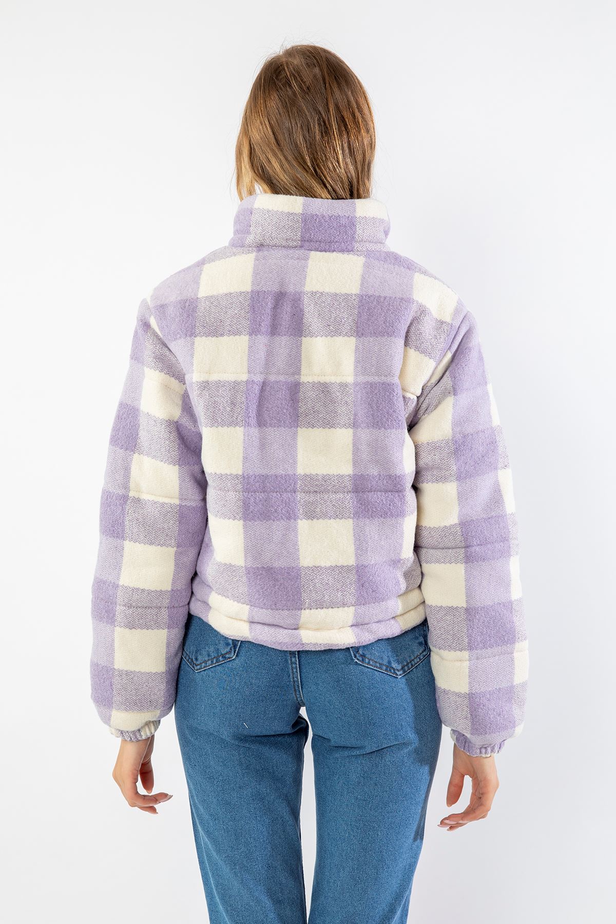 Plaid Fabric Long Sleeve Zip Neck Short Bomber Women Coat - Lilac