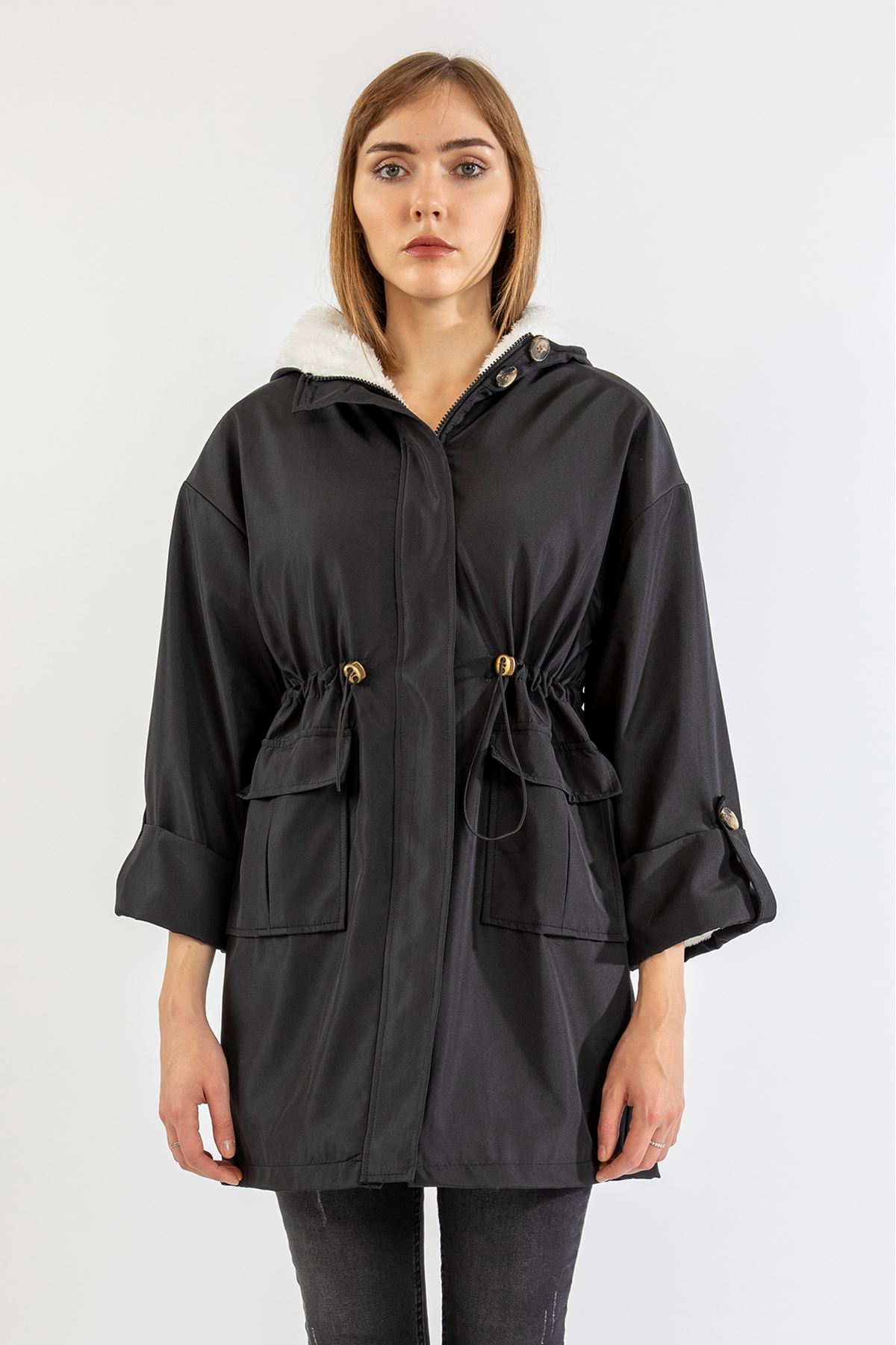 Long Sleeve Hooded Hip Height Oversize Plush Women Raincoat - Black