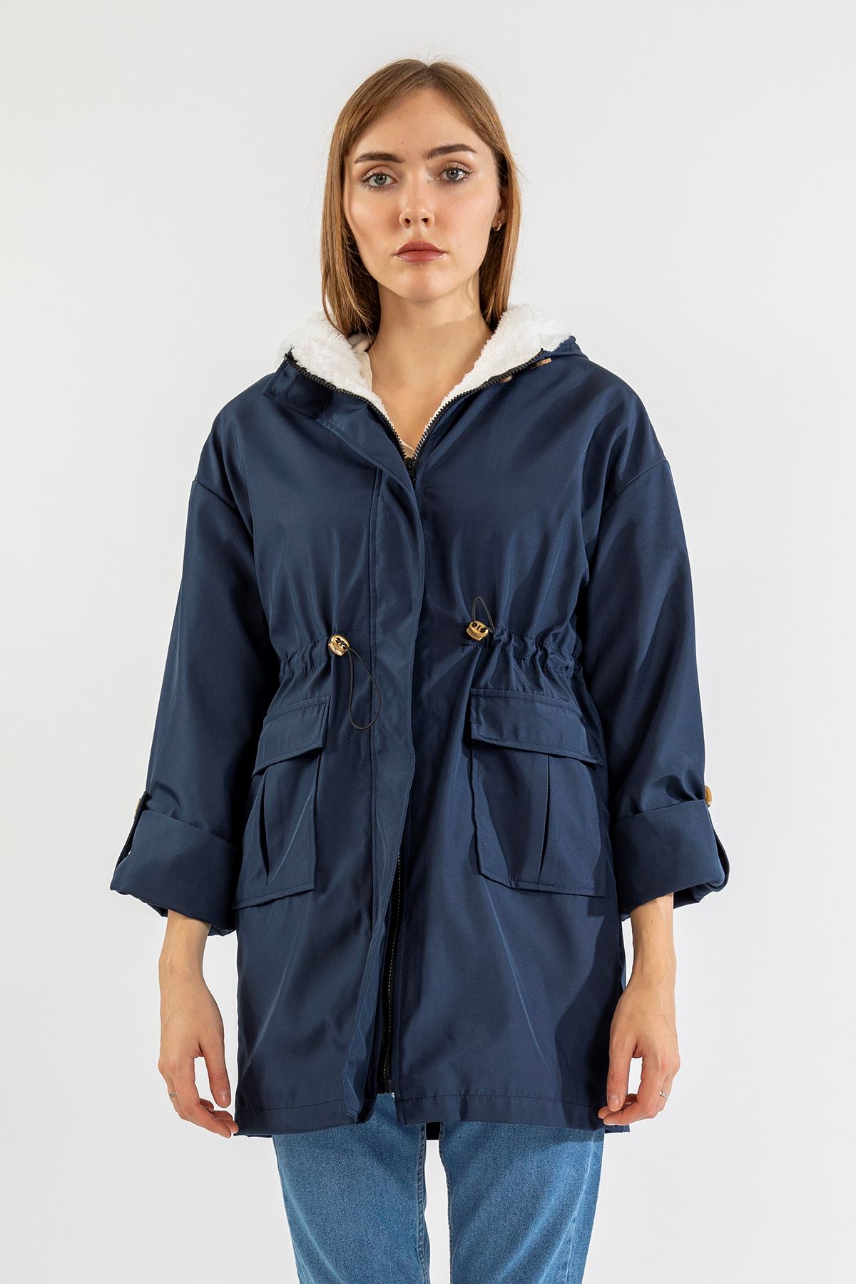 Long Sleeve Hooded Hip Height Oversize Plush Women Raincoat - Navy Blue 