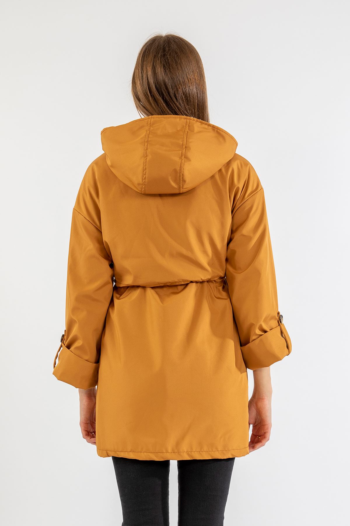 Long Sleeve Hooded Hip Height Oversize Plush Women Raincoat - Mustard
