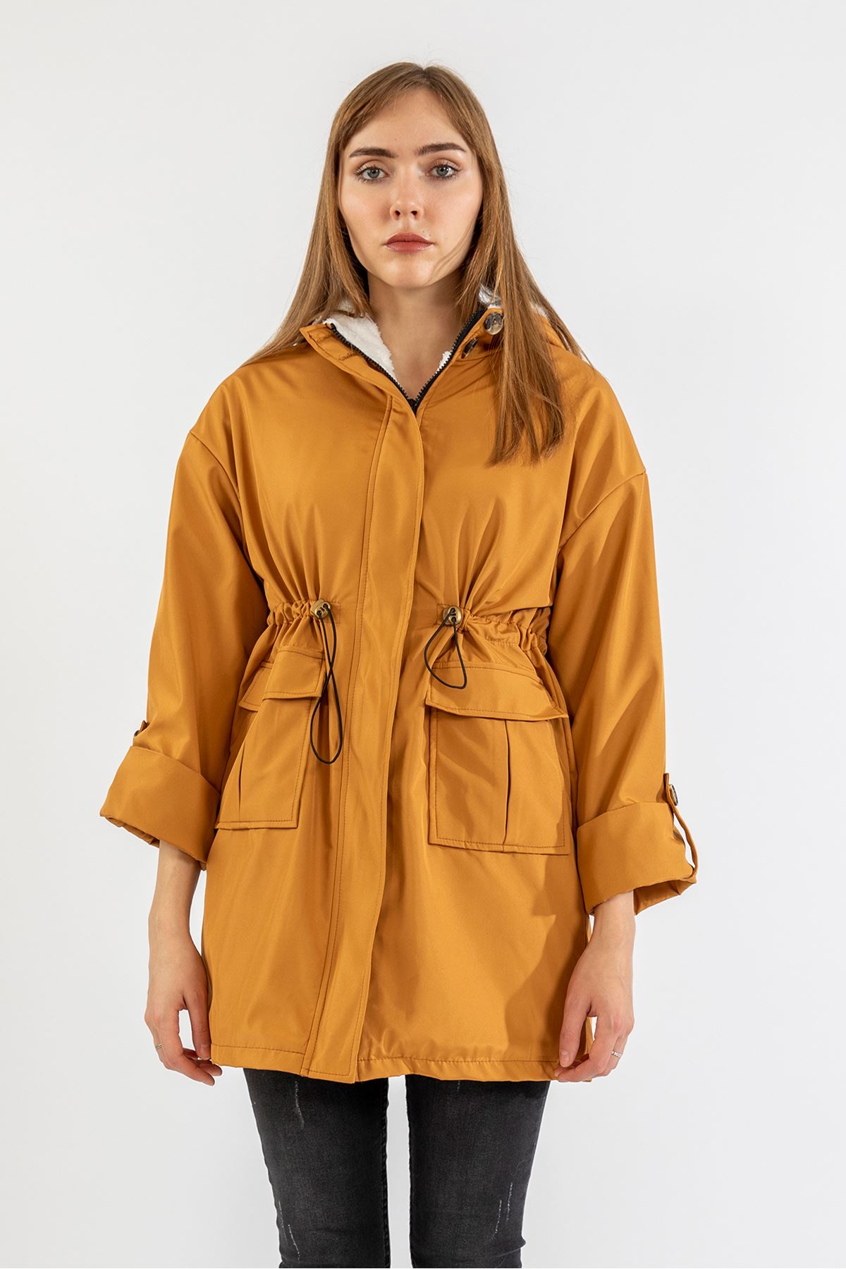 Long Sleeve Hooded Hip Height Oversize Plush Women Raincoat - Mustard