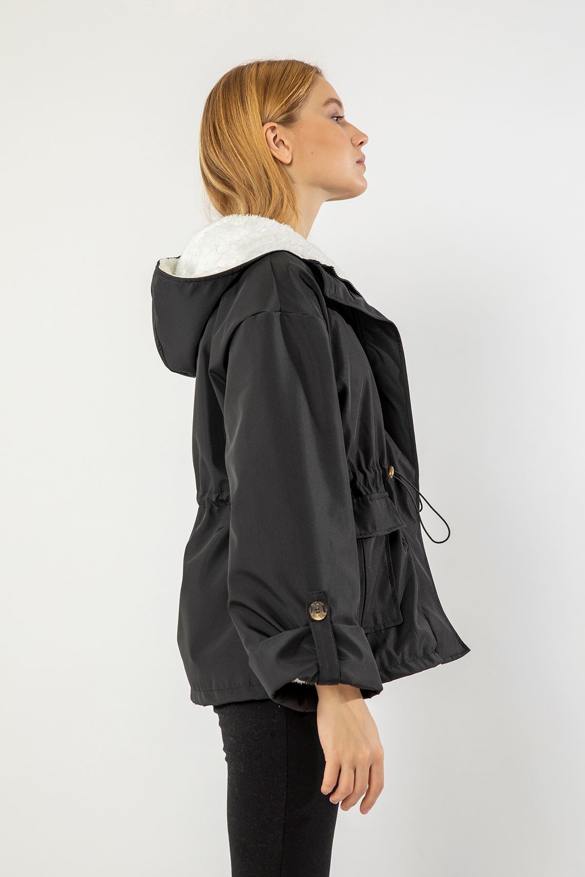 معطف مطري نسائي بونديج ذراع طويلة مع سحاب قصيرة حجم كبير - اسود