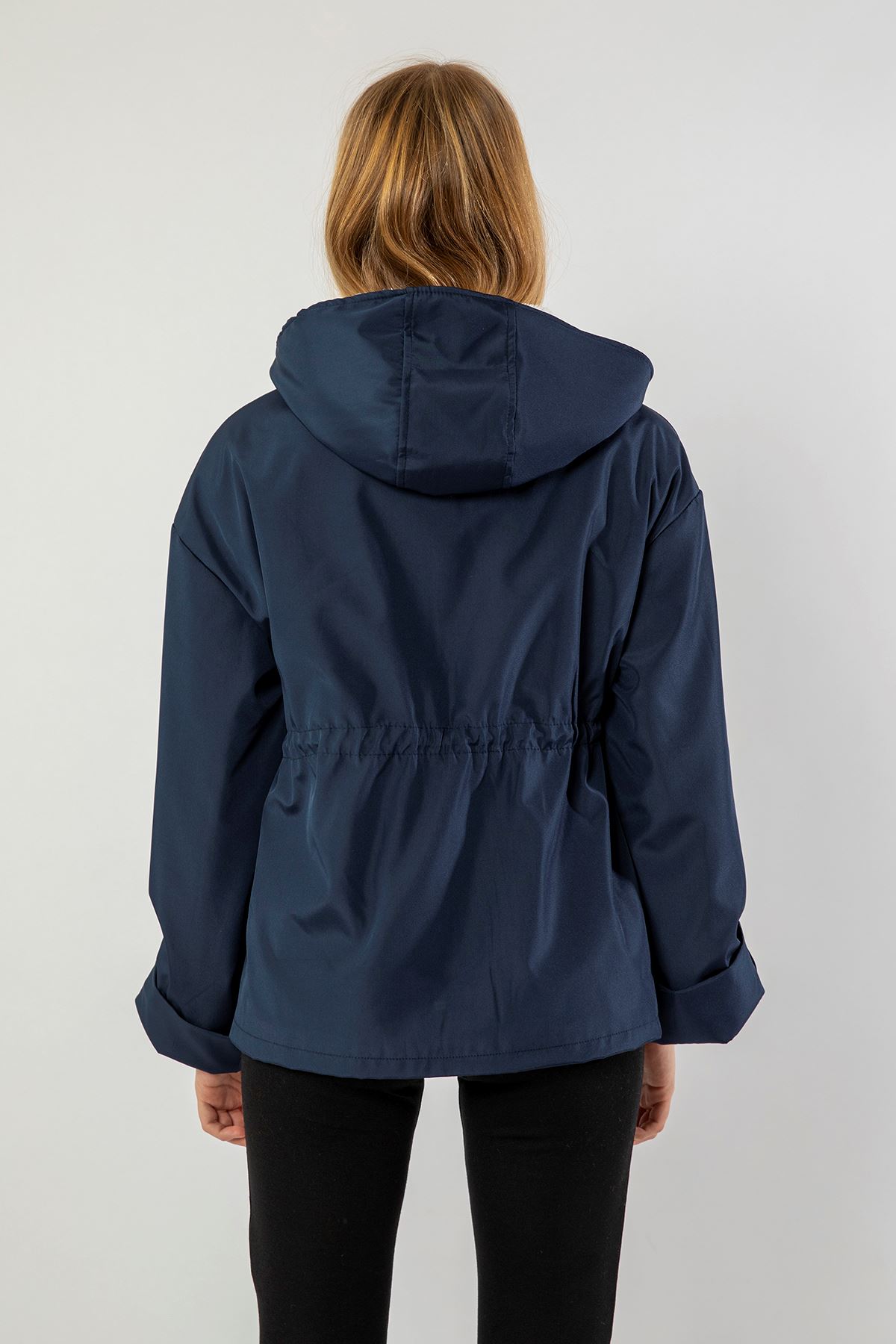 Long Sleeve Zip Neck Short Oversize Plush Women Raincoat - Navy Blue 