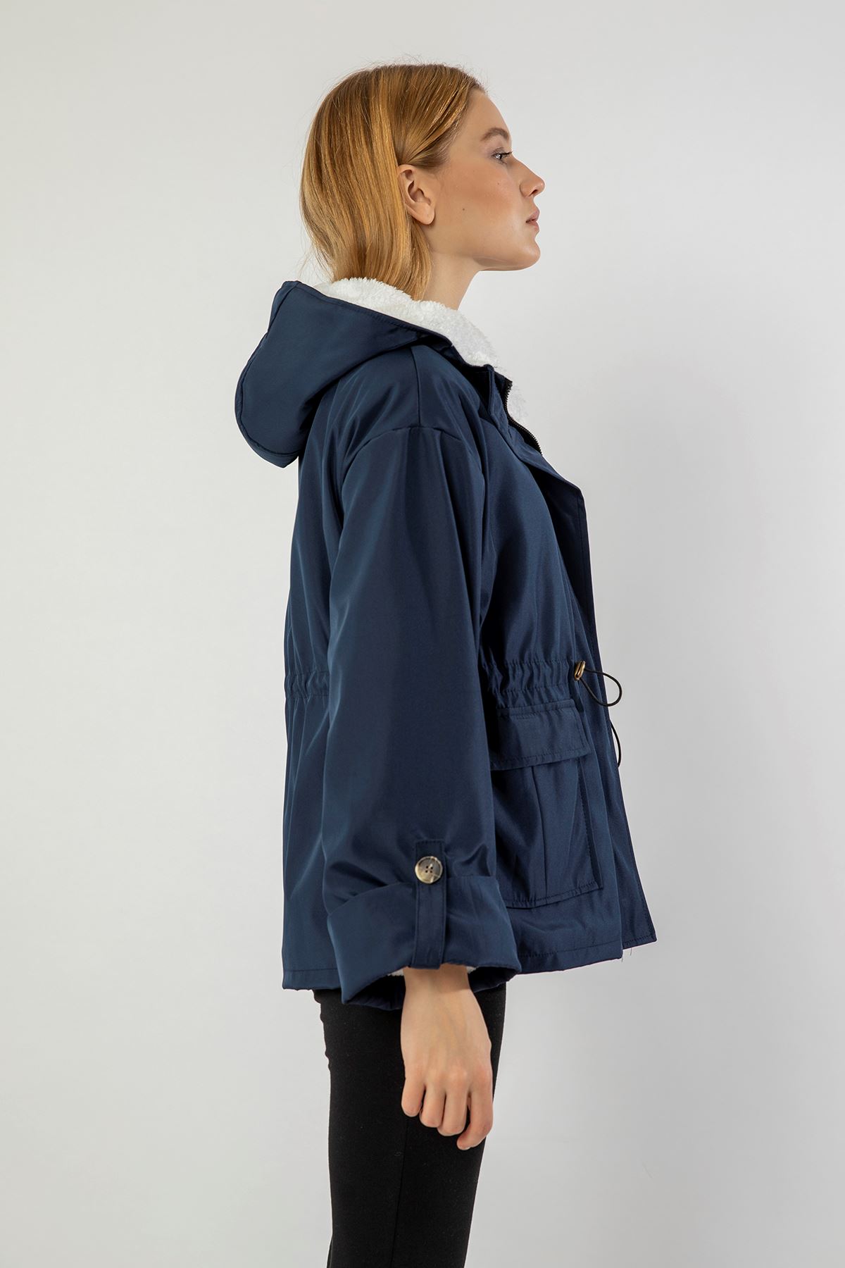 Long Sleeve Zip Neck Short Oversize Plush Women Raincoat - Navy Blue 