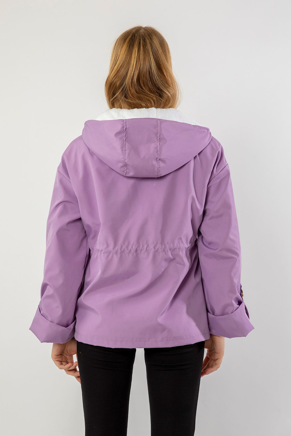 Long Sleeve Zip Neck Short Oversize Plush Women Raincoat - Lilac