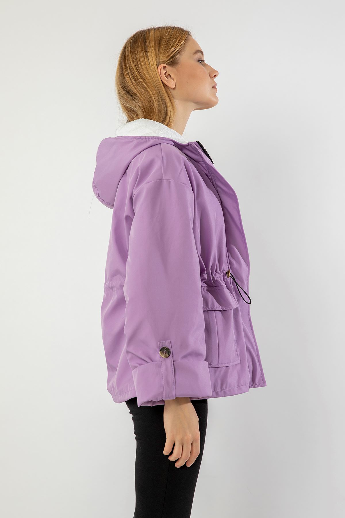 Long Sleeve Zip Neck Short Oversize Plush Women Raincoat - Lilac