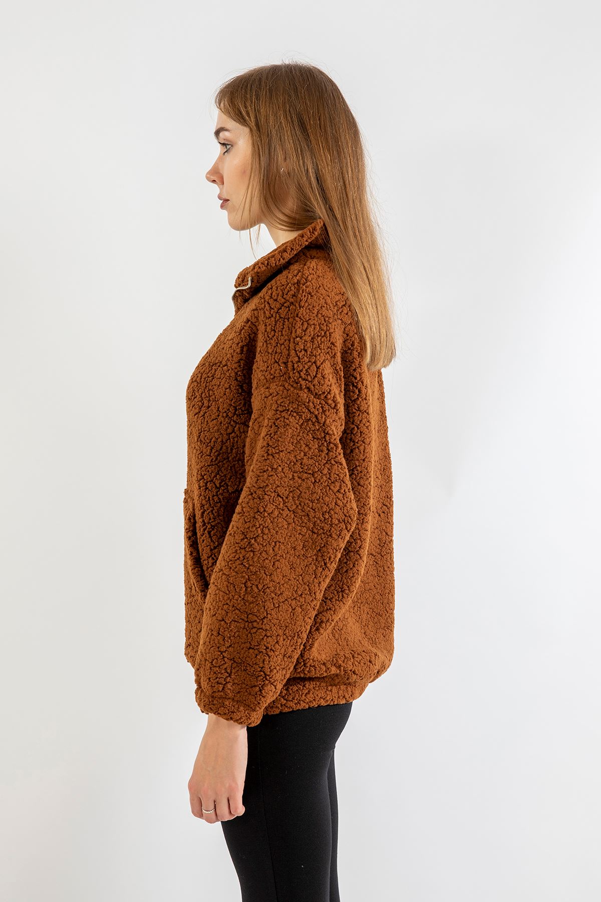 Plush Fabric Long Sleeve Zip Neck Wide Women Sweatshirt - Brown