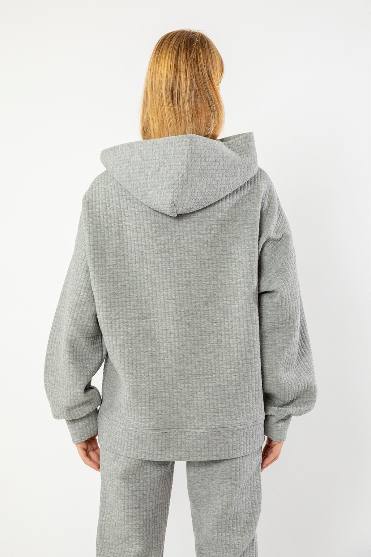 Quilted Fabric Hooded Hip Height Oversize Zip Detailed Women Sweatshirt - Grey