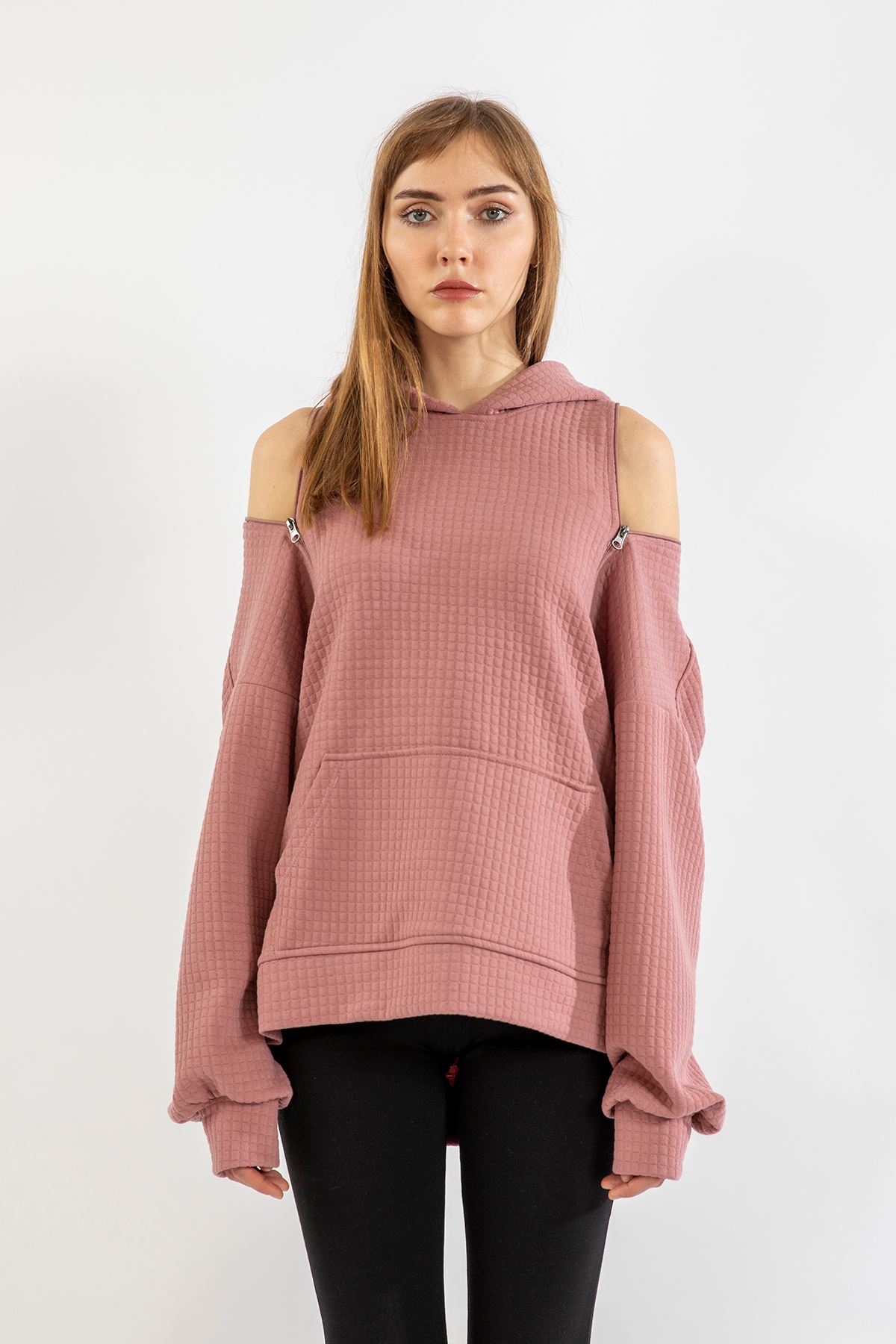 Quilted Fabric Hooded Hip Height Oversize Zip Detailed Women Sweatshirt - Rose 
