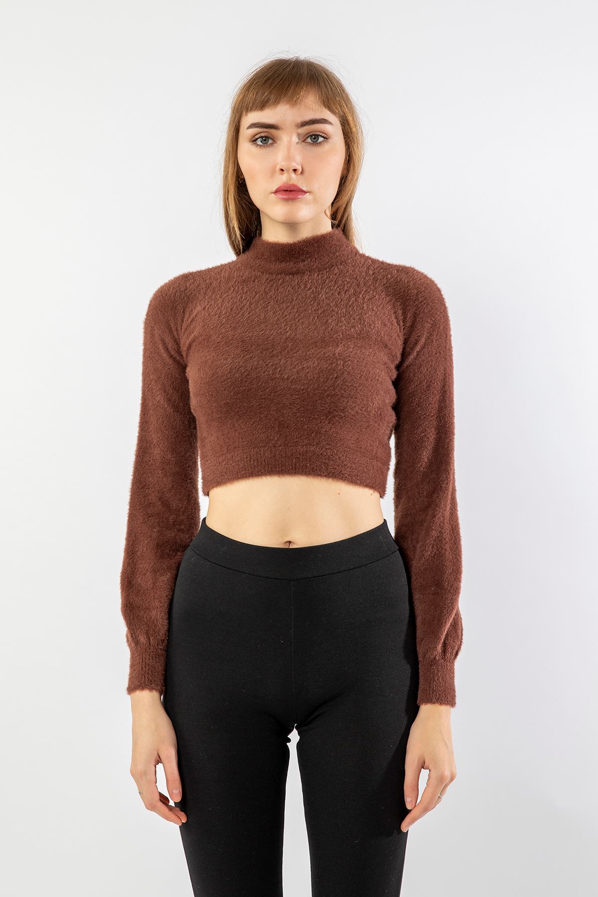 Knitwear Fabric Long Sleeve High Neck Women Sweater - Brown