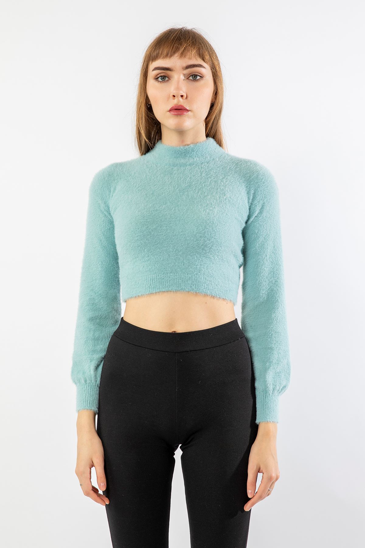 Knitwear Fabric Long Sleeve High Neck Women Sweater - Light Blue