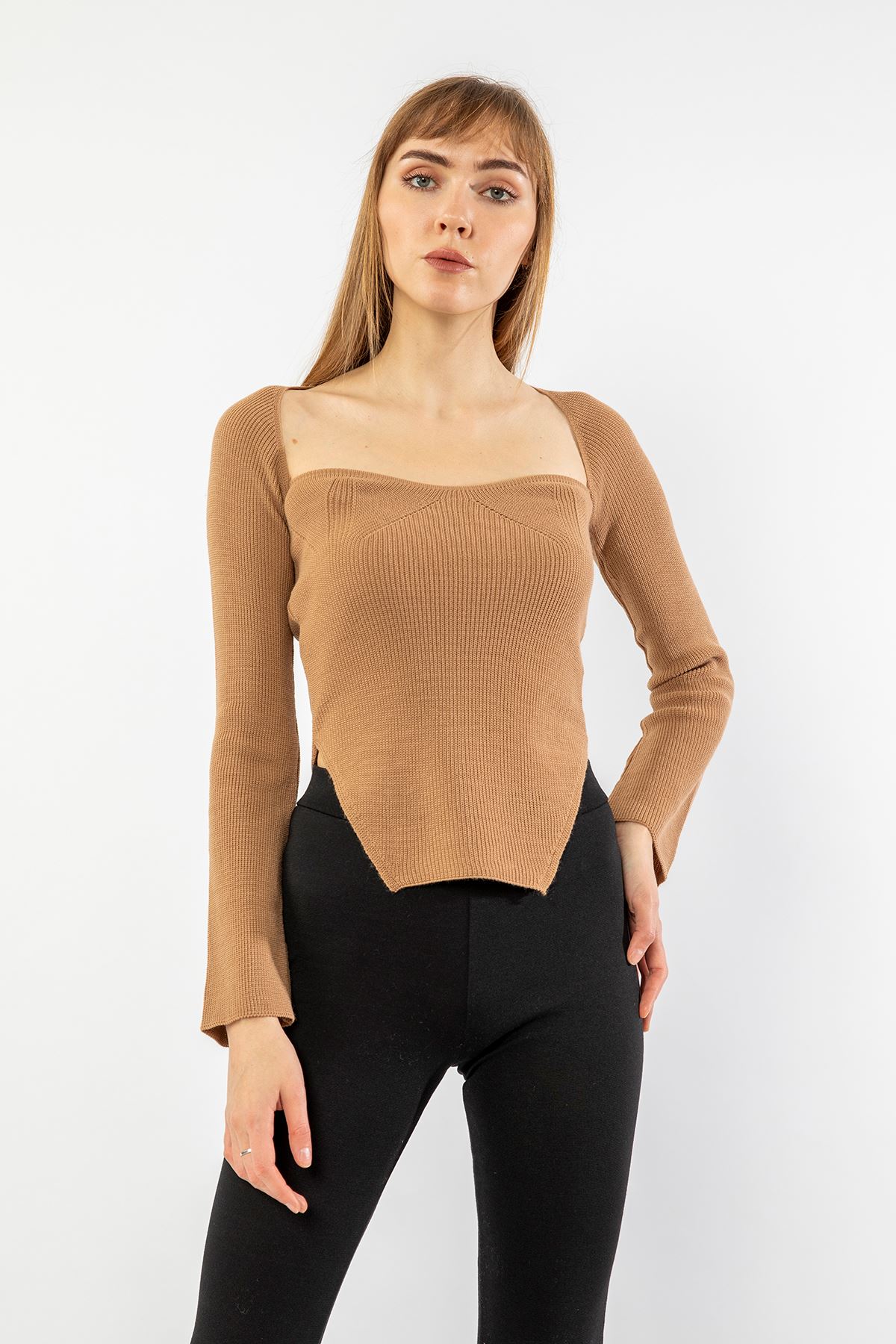 Knitwear Fabric Queen Anna Neck Short Tight Fit Asymmetric Women Sweater - Light Brown
