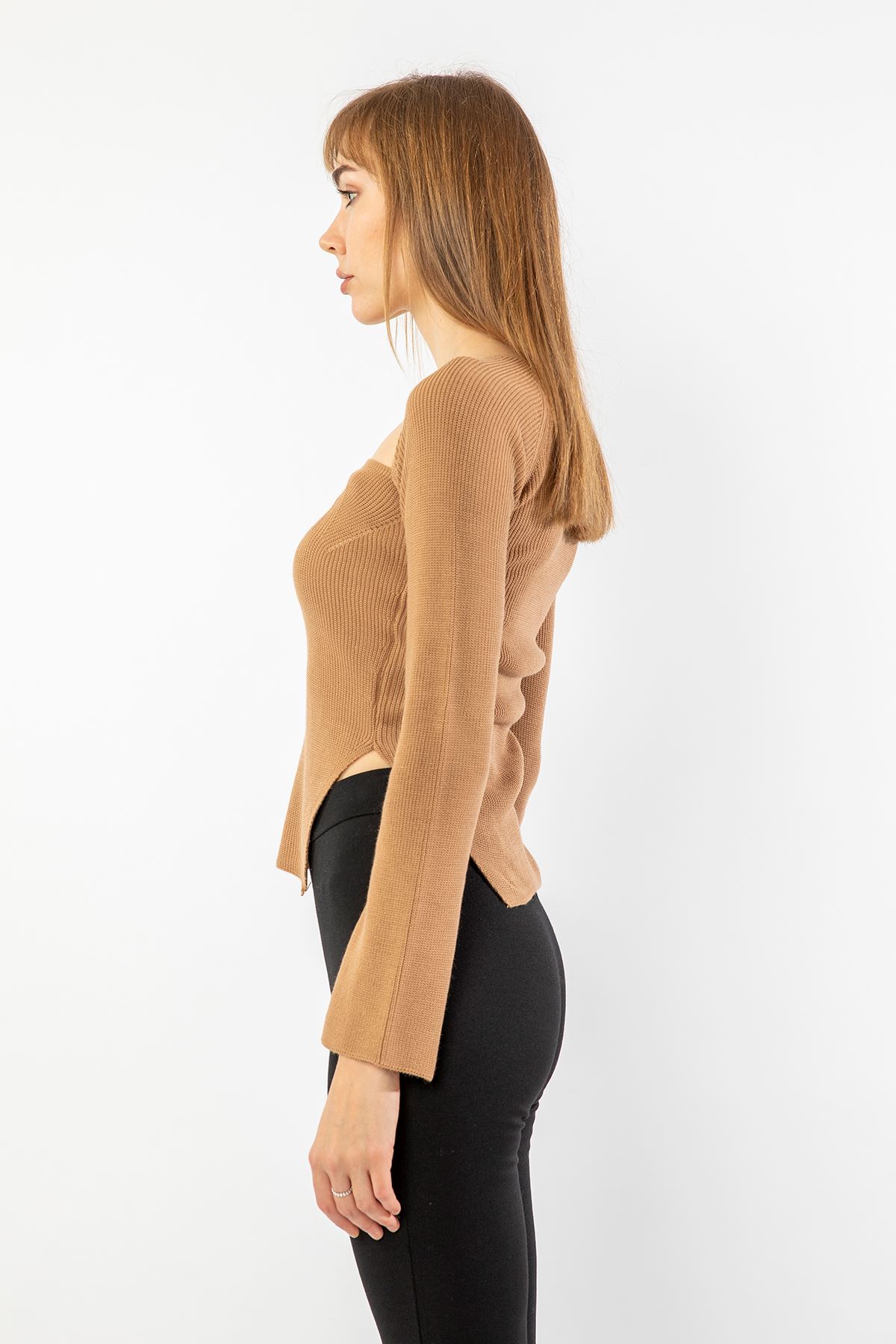 Knitwear Fabric Queen Anna Neck Short Tight Fit Asymmetric Women Sweater - Light Brown