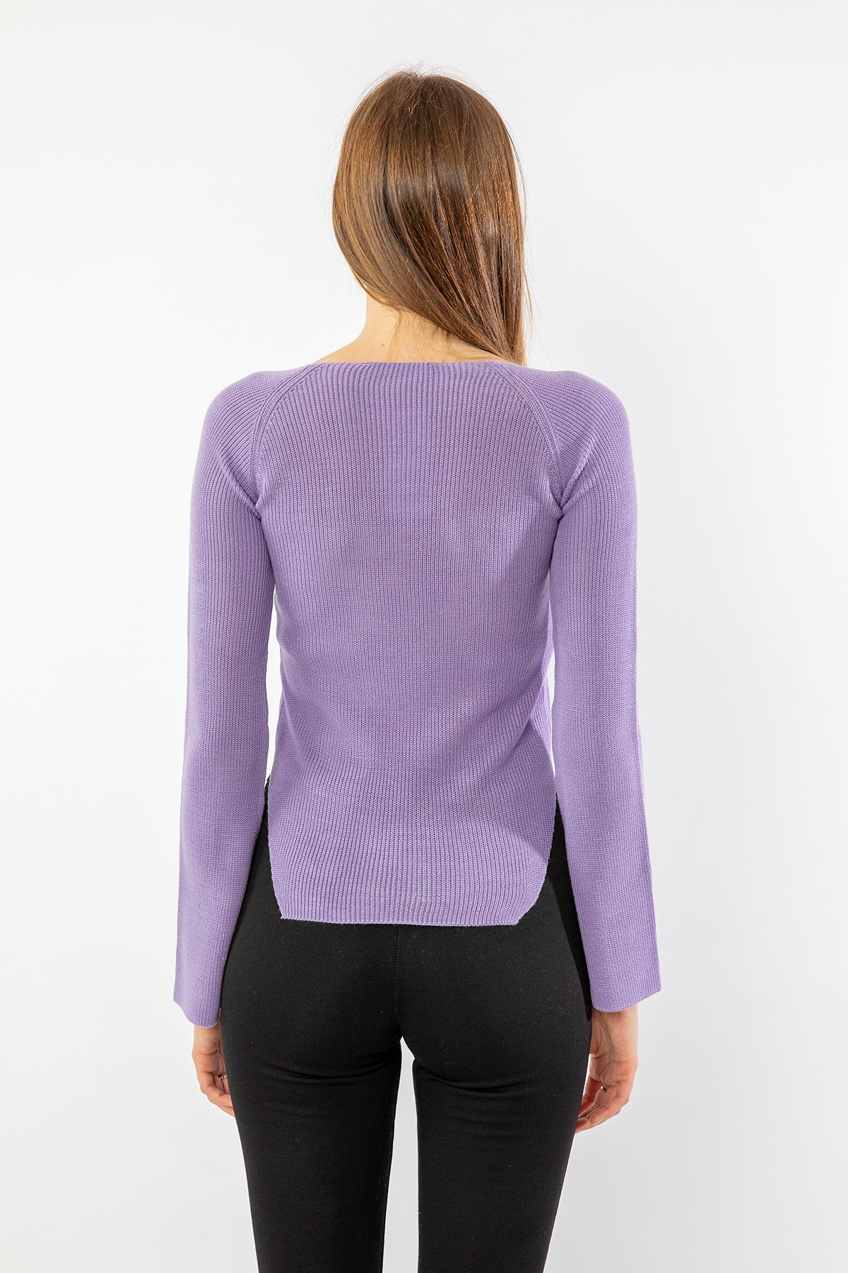 Knitwear Fabric Queen Anna Neck Short Tight Fit Asymmetric Women Sweater - Lilac