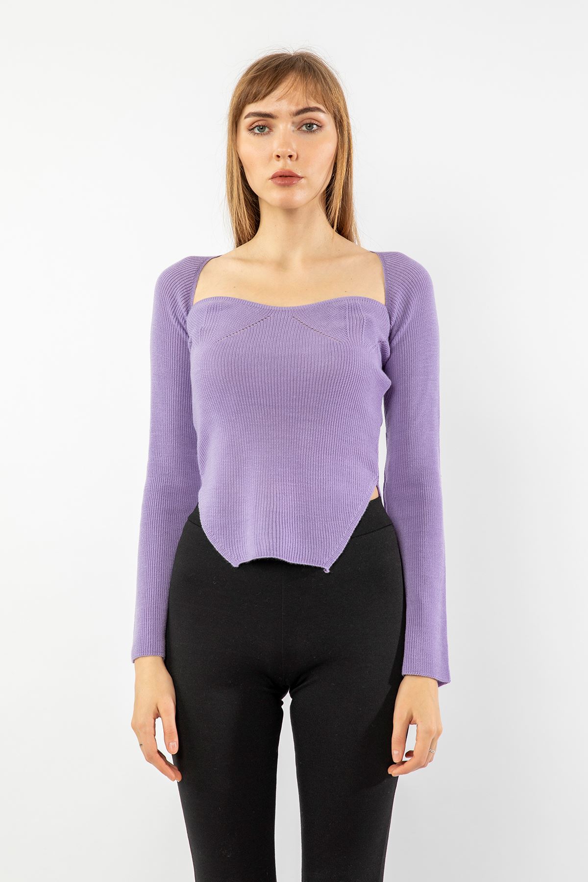 Knitwear Fabric Queen Anna Neck Short Tight Fit Asymmetric Women Sweater - Lilac