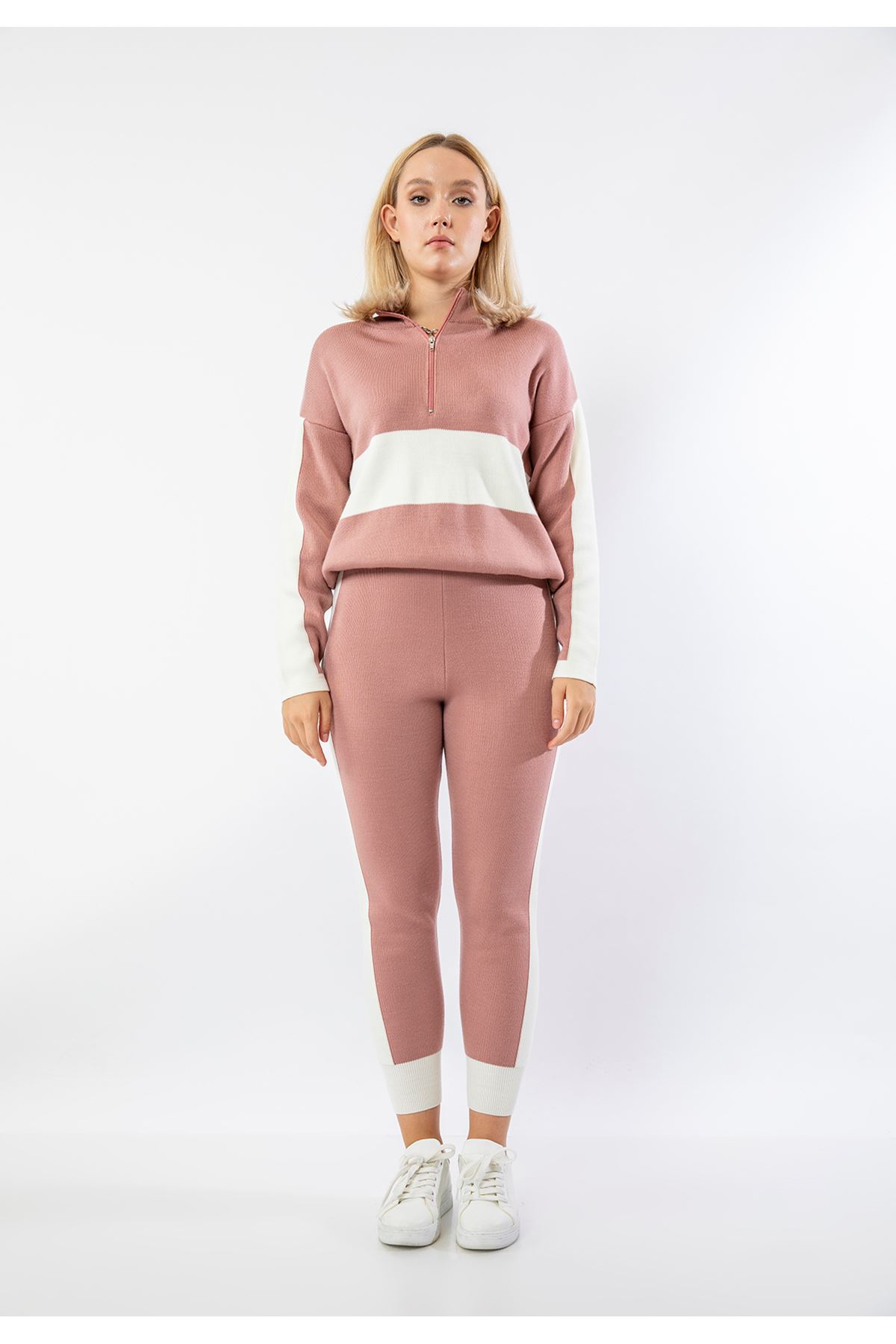 Knitwear Fabric Long Sleeve Zip Neck Women'S Set - Light Pink