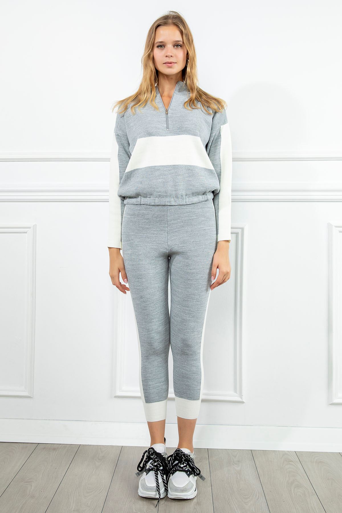 Knitwear Fabric Long Sleeve Zip Neck Women'S Set - Grey