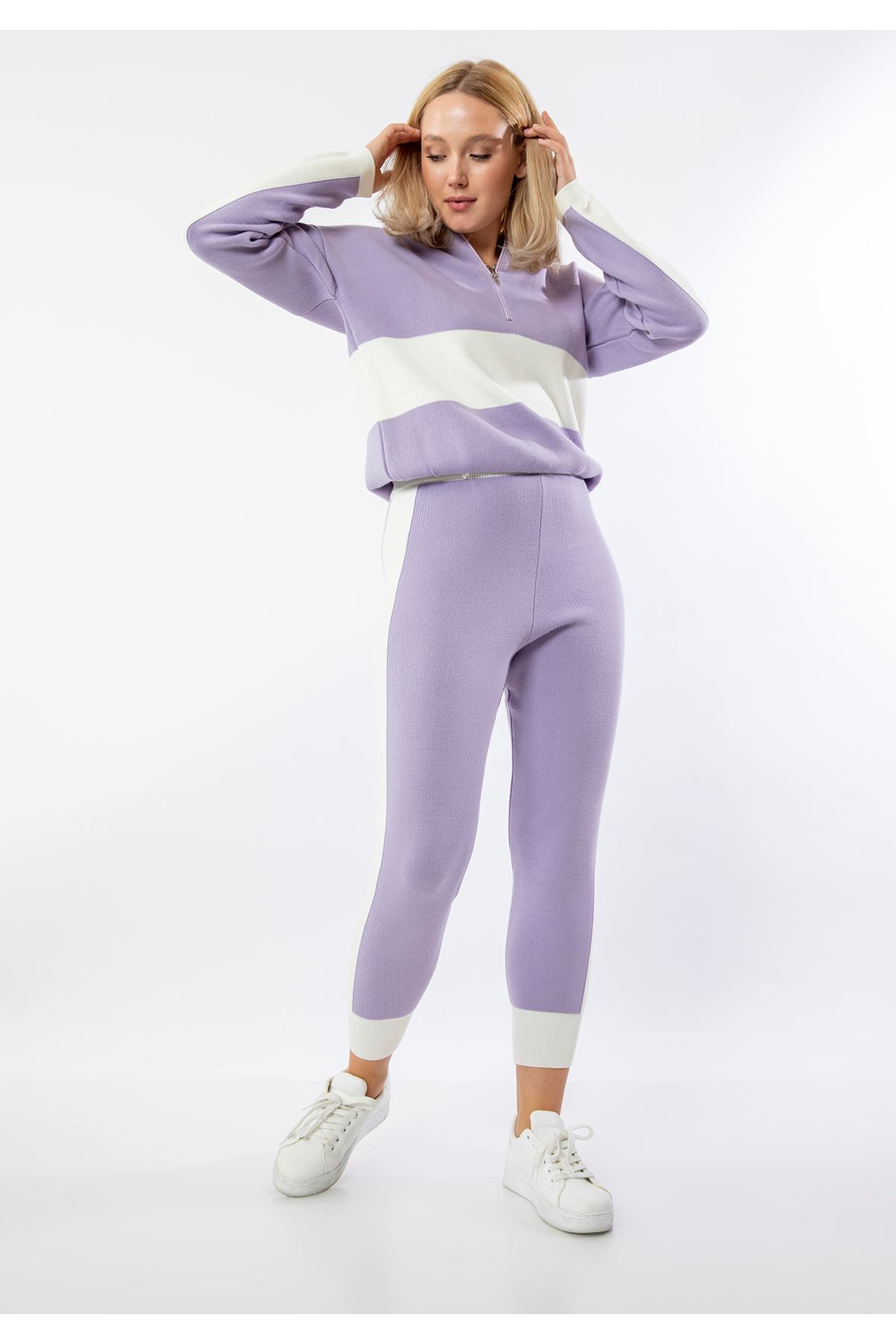 Knitwear Fabric Long Sleeve Zip Neck Women'S Set - Lilac