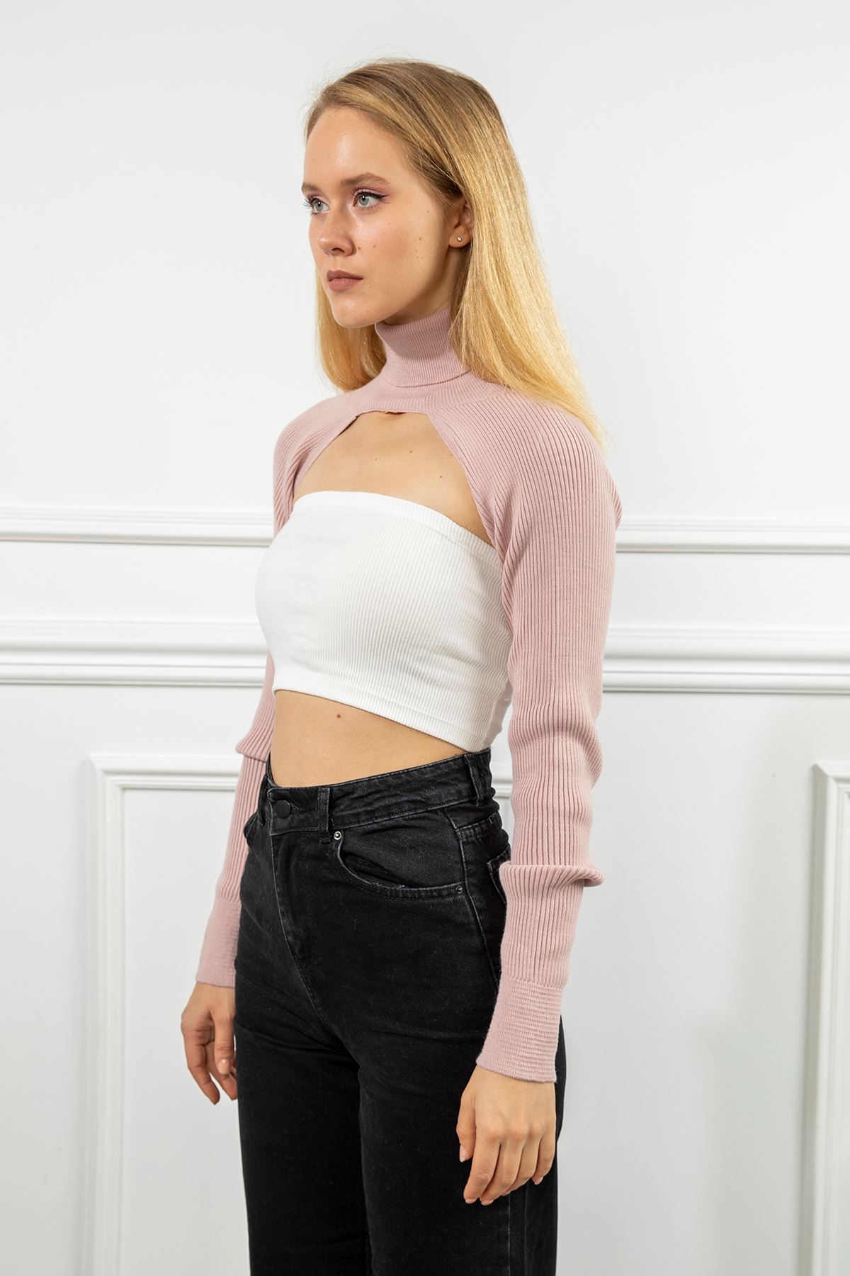 Knitwear Fabric Long Sleeve Surplice Neck Short Women Sweater - Light Pink