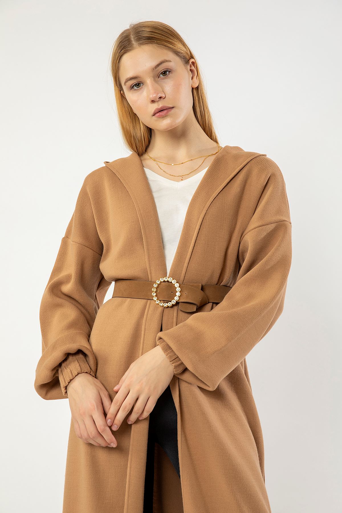 Knitwear Fabric Long Sleeve Hooded Long Oversize Women Cardigan With Belt - Light Brown