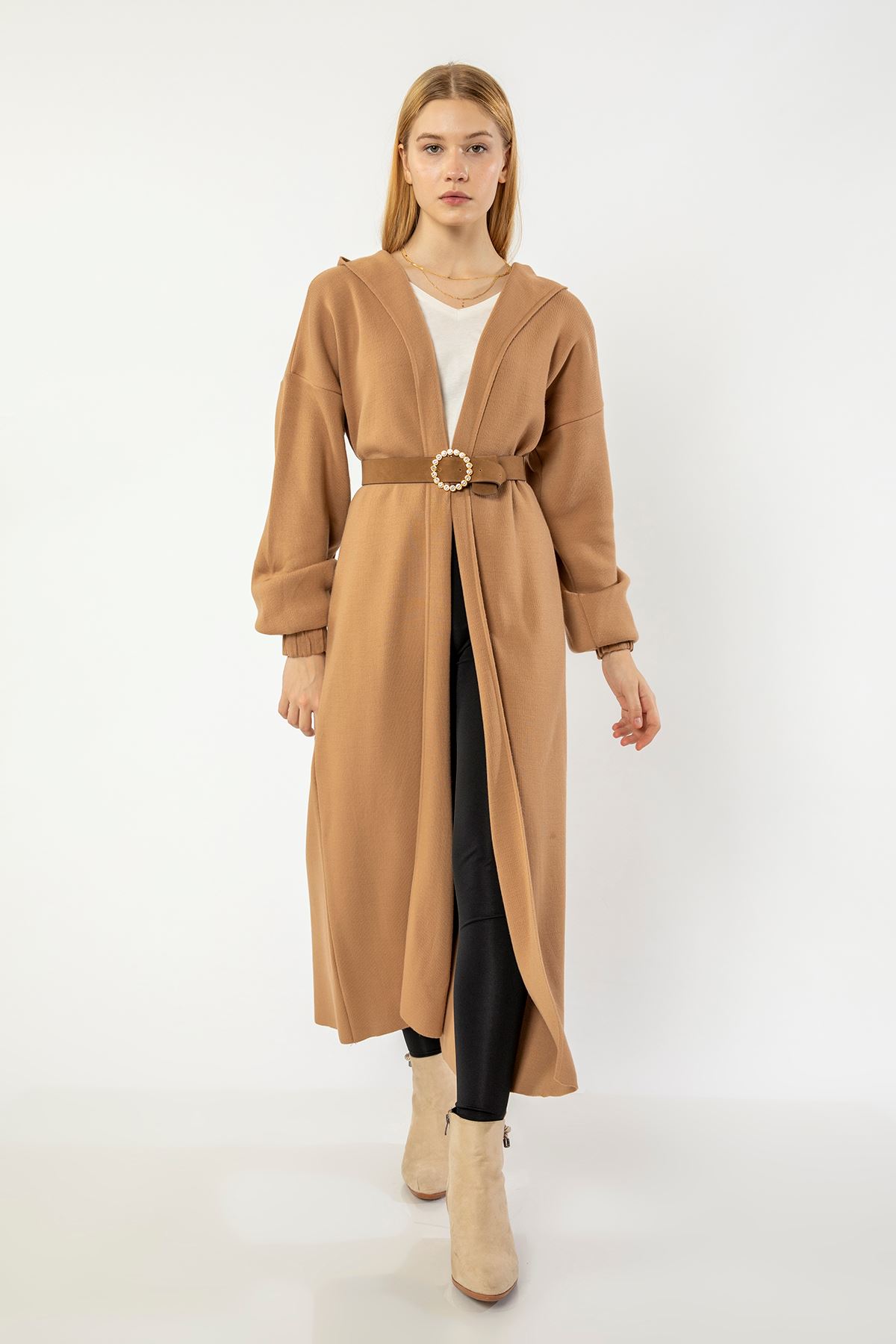 Knitwear Fabric Long Sleeve Hooded Long Oversize Women Cardigan With Belt - Light Brown